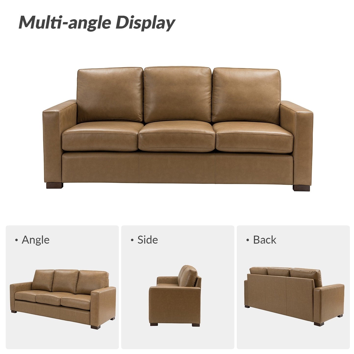 Divano Ernando 83.46 in vera pelle con braccioli e cuscini quadrati