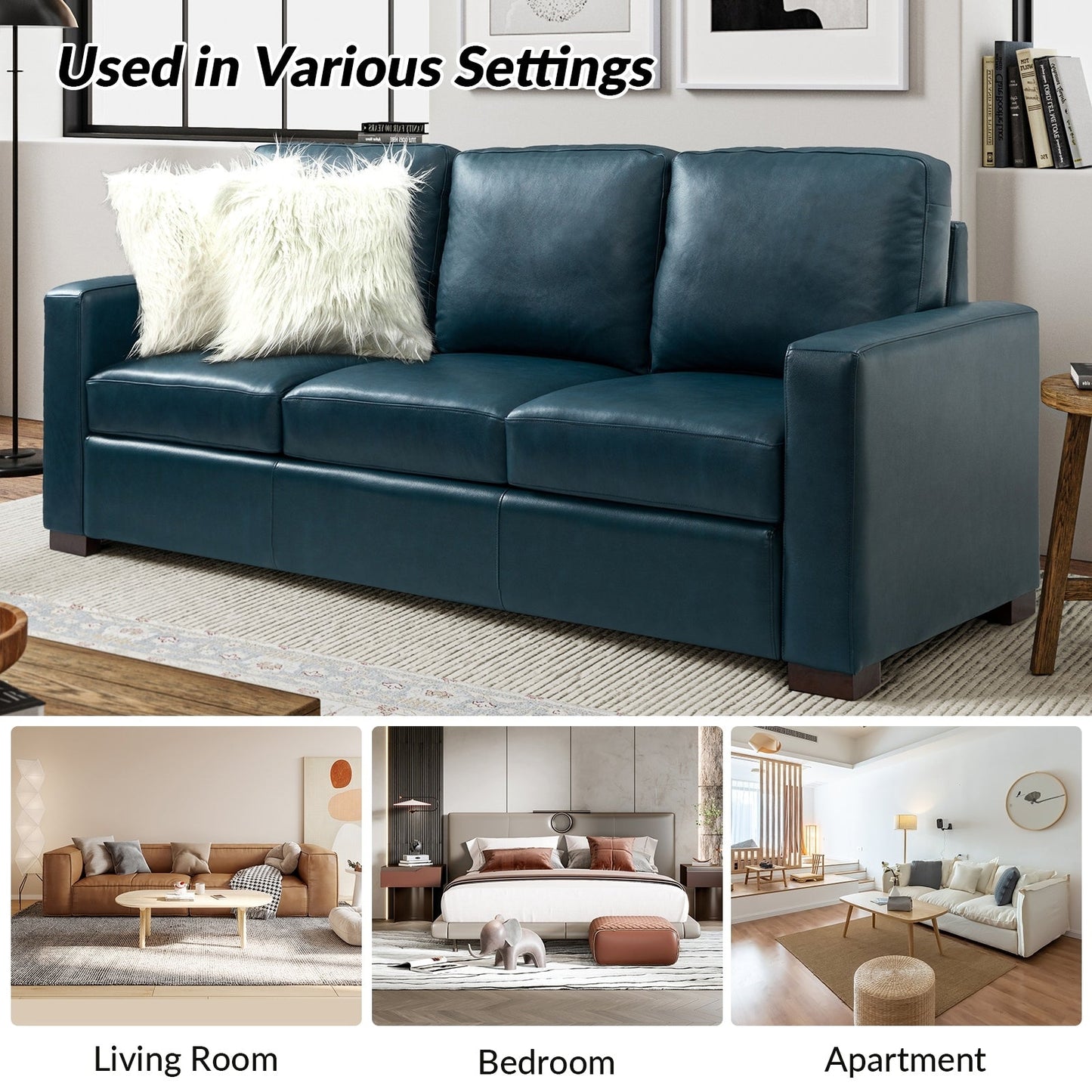 Divano Ernando 83.46 in vera pelle con braccioli e cuscini quadrati