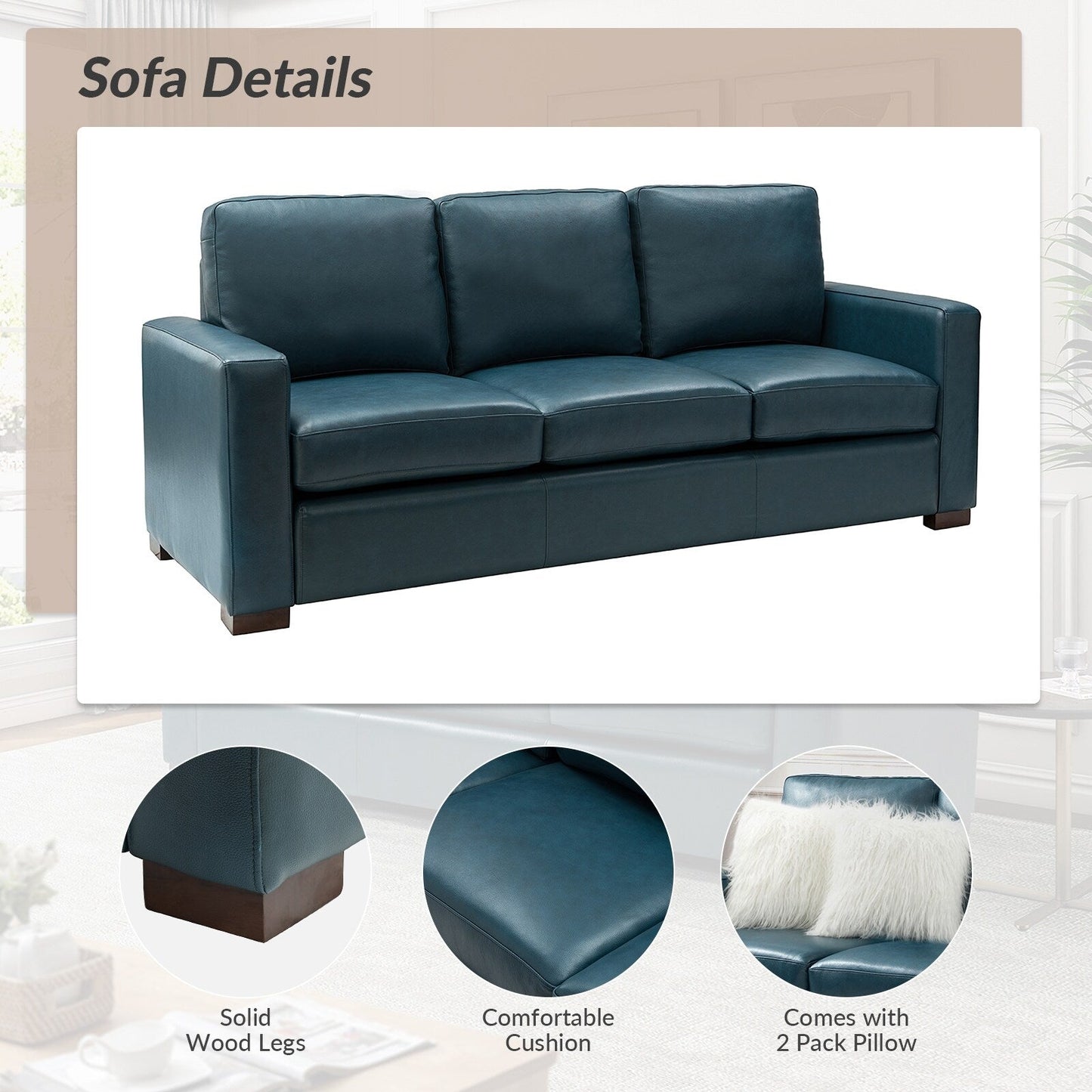 Divano Ernando 83.46 in vera pelle con braccioli e cuscini quadrati