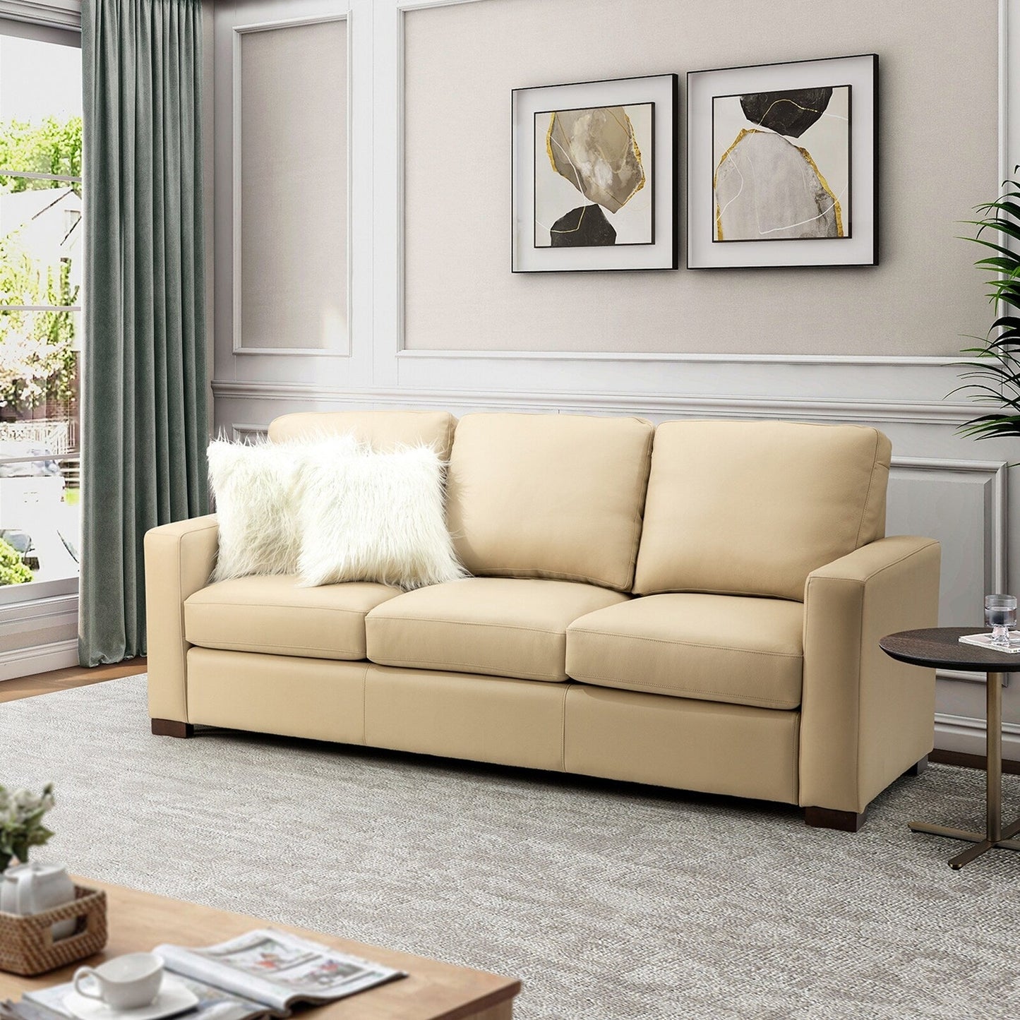 Divano Ernando 83.46 in vera pelle con braccioli e cuscini quadrati