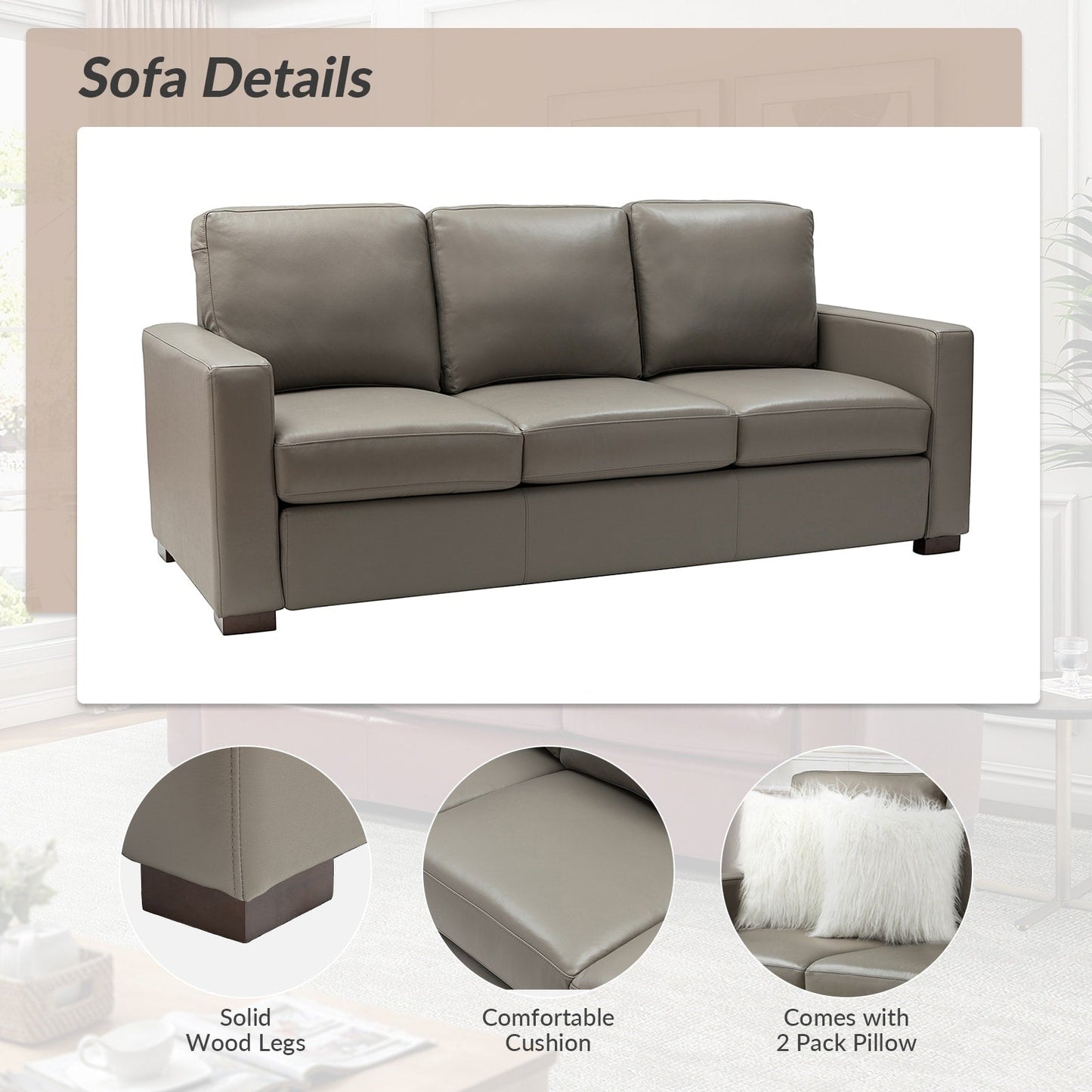 Divano Ernando 83.46 in vera pelle con braccioli e cuscini quadrati