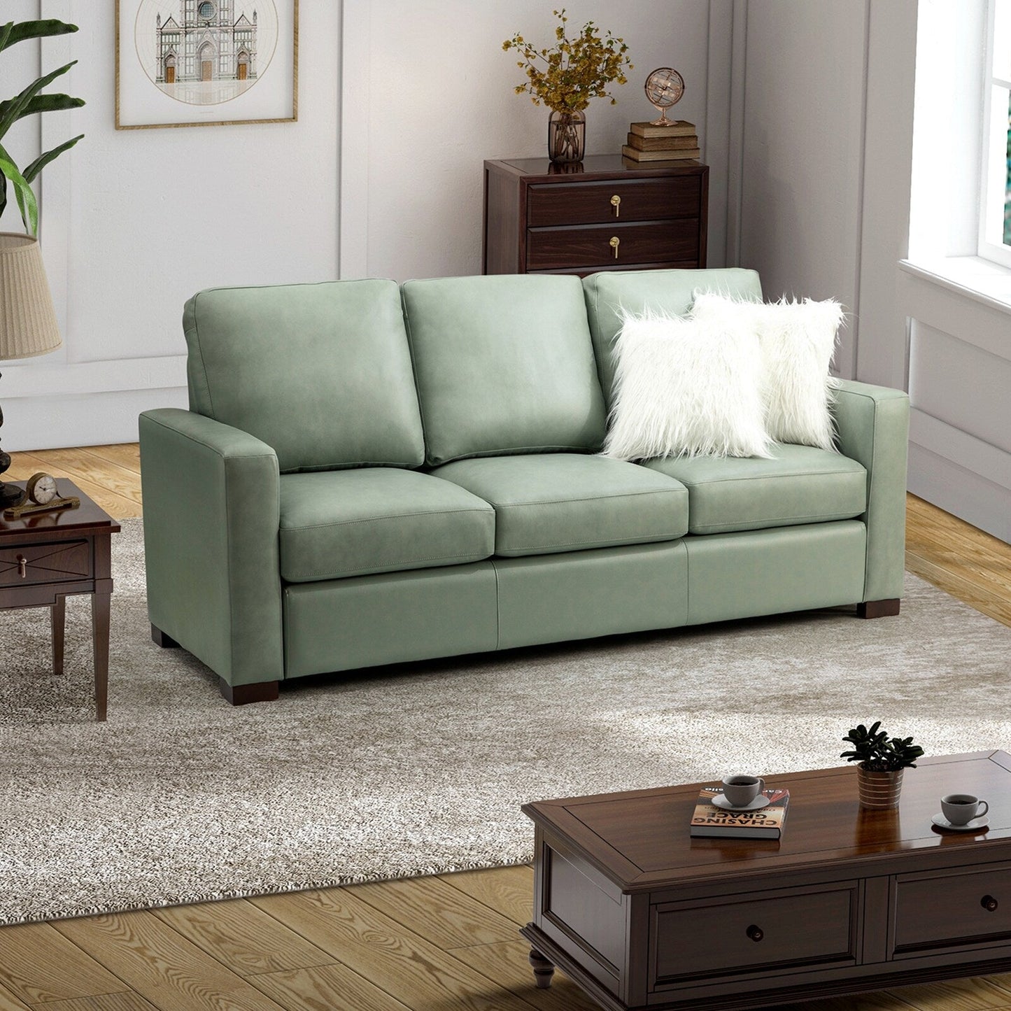 Divano Ernando 83.46 in vera pelle con braccioli e cuscini quadrati