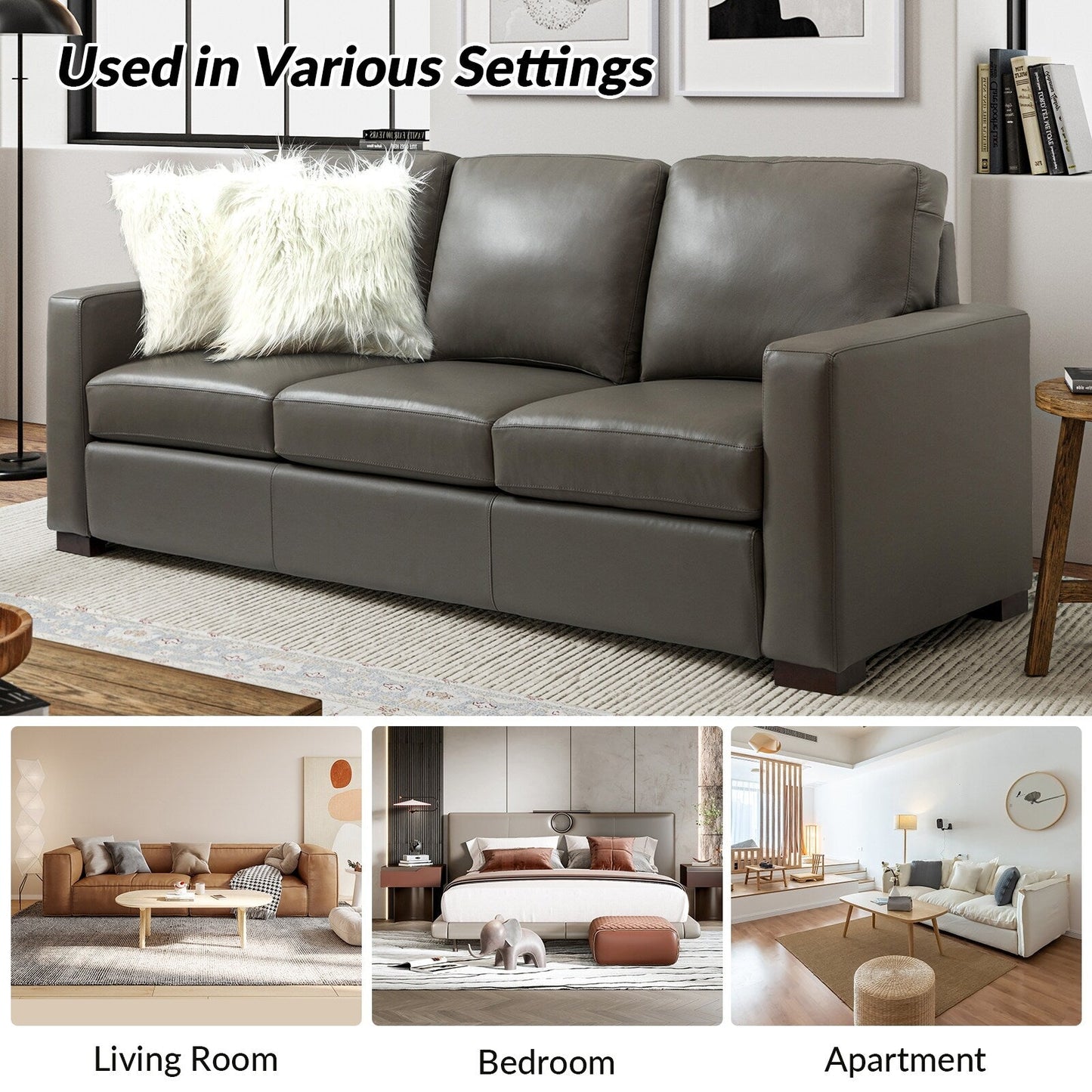 Divano Ernando 83.46 in vera pelle con braccioli e cuscini quadrati