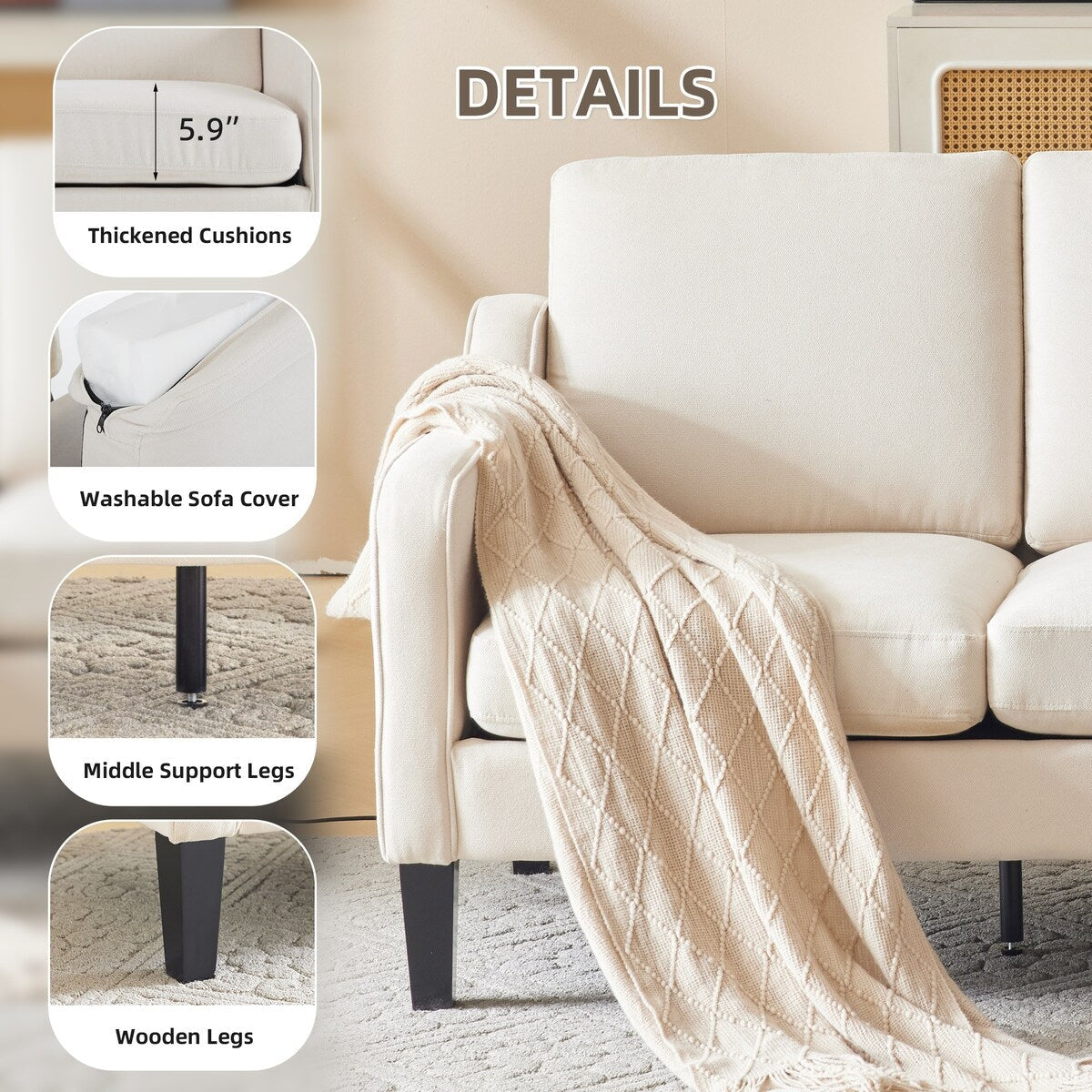 Divano a 3 posti Erommy, divano da 72 pollici per soggiorno, divano moderno in tessuto con 4 gambe in legno, 2 aste di supporto in metallo per camera da letto