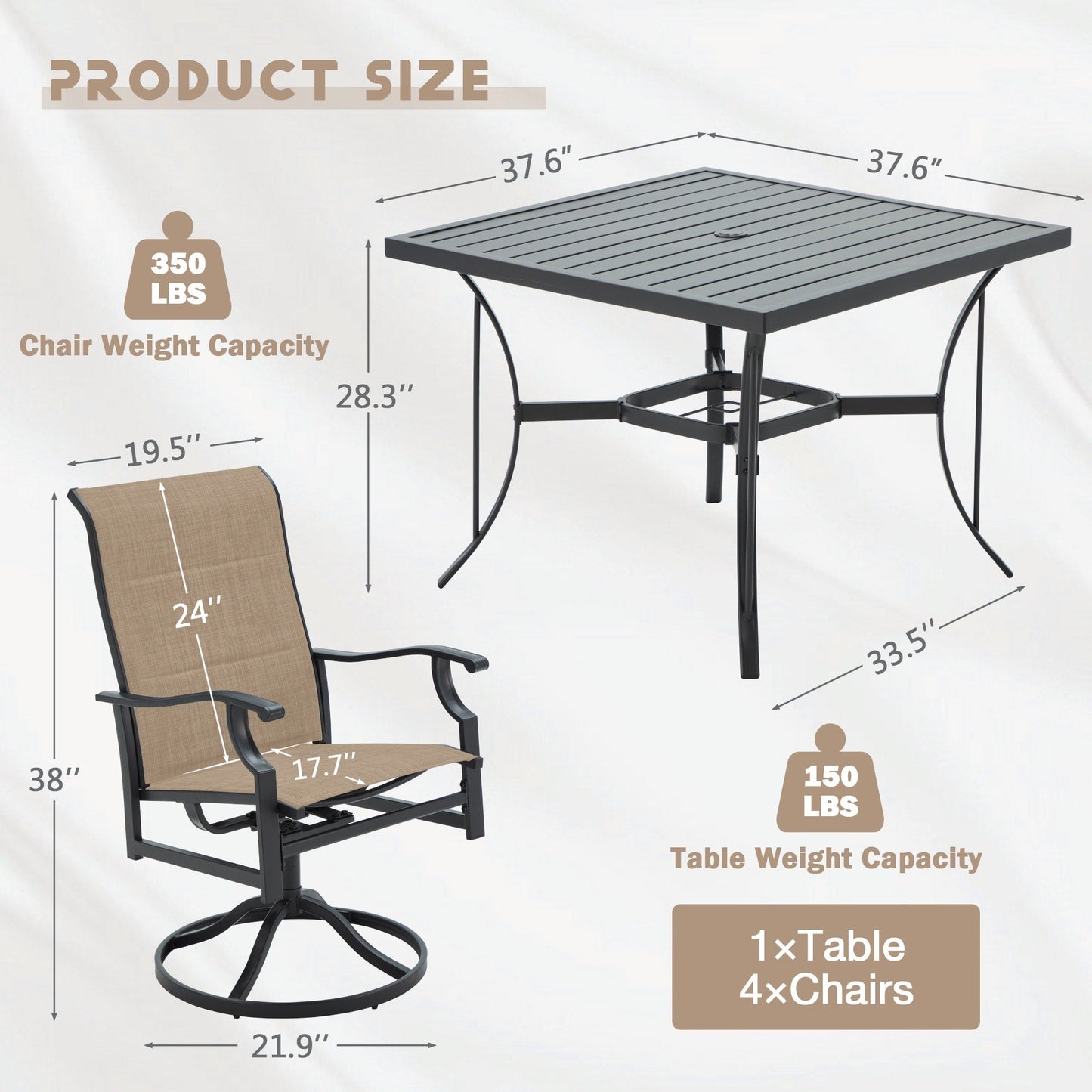 Set da pranzo versatili per esterni con sedie girevoli/pieghevoli e tavolo con doghe in acciaio e set da pranzo in HDPE per giardini e patii