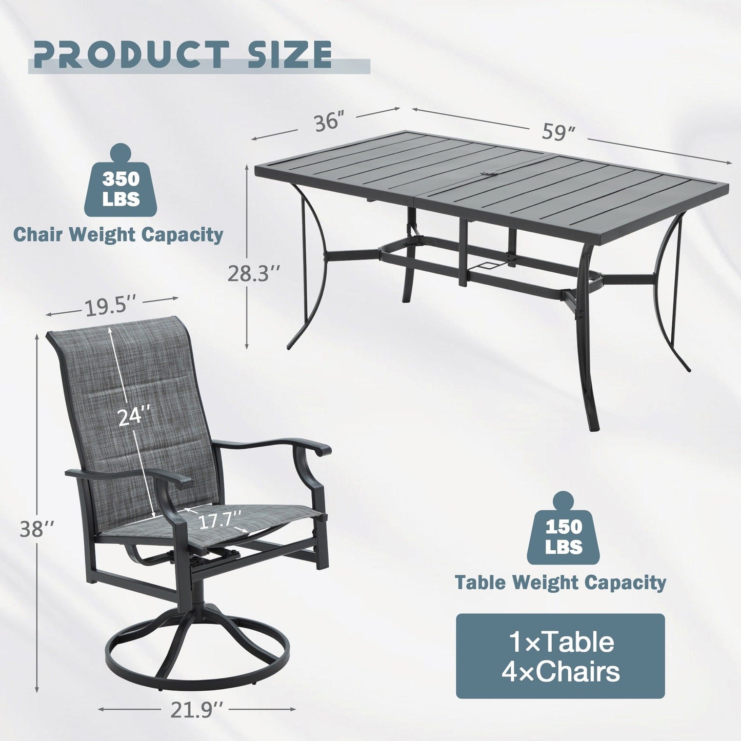 Set da pranzo versatili per esterni con sedie girevoli/pieghevoli e tavolo con doghe in acciaio e set da pranzo in HDPE per giardini e patii