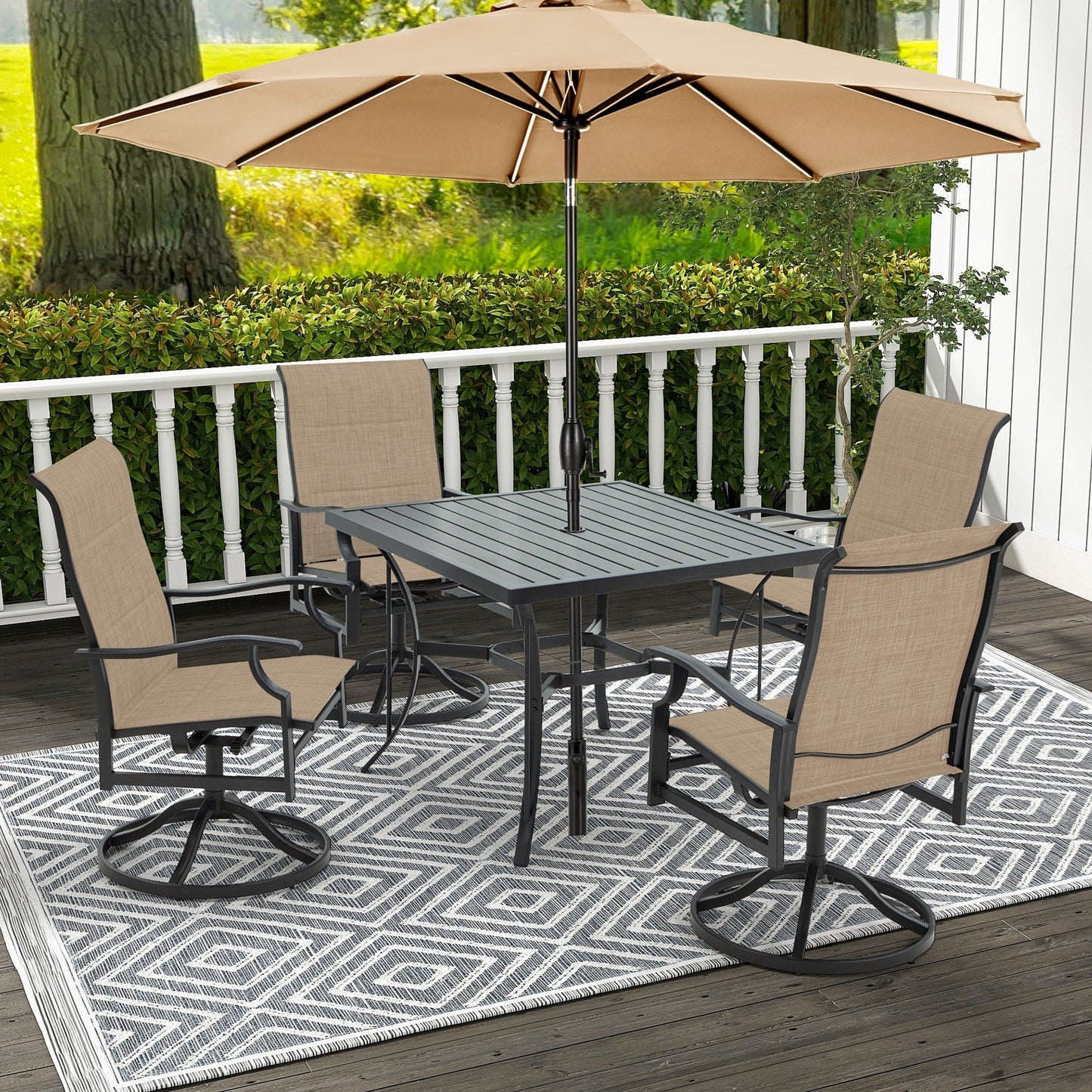 Set da pranzo versatili per esterni con sedie girevoli/pieghevoli e tavolo con doghe in acciaio e set da pranzo in HDPE per giardini e patii