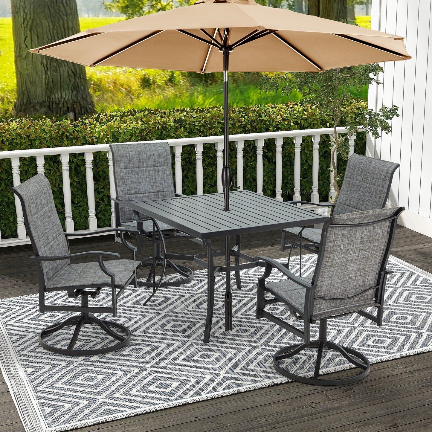 Set da pranzo versatili per esterni con sedie girevoli/pieghevoli e tavolo con doghe in acciaio e set da pranzo in HDPE per giardini e patii