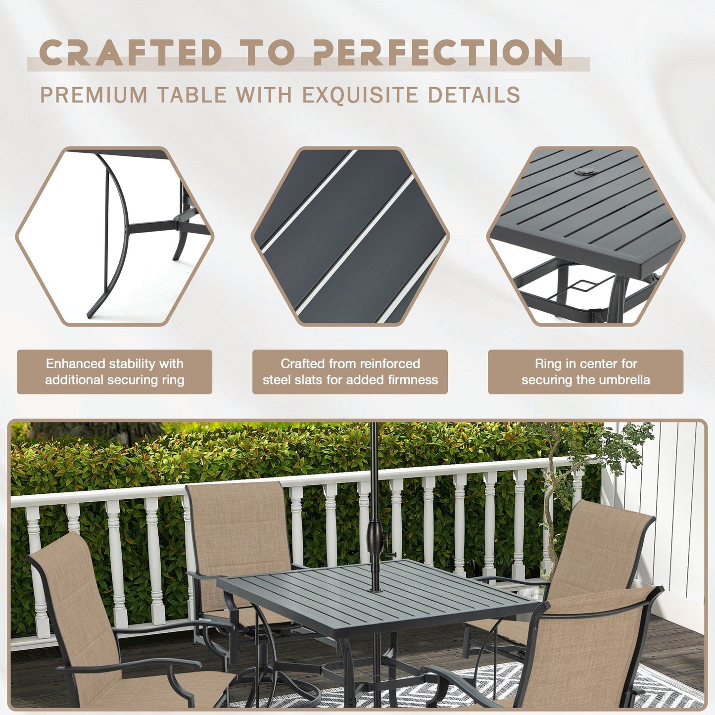 Set da pranzo versatili per esterni con sedie girevoli/pieghevoli e tavolo con doghe in acciaio e set da pranzo in HDPE per giardini e patii