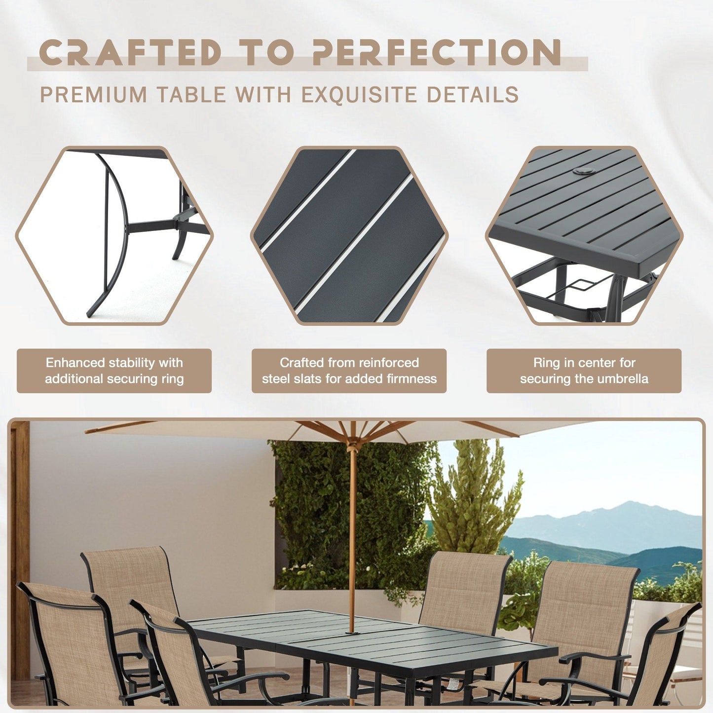 Set da pranzo versatili per esterni con sedie girevoli/pieghevoli e tavolo con doghe in acciaio e set da pranzo in HDPE per giardini e patii