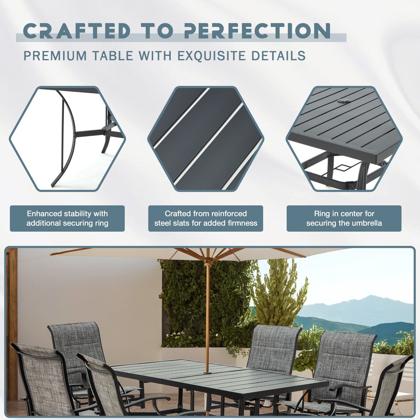 Set da pranzo versatili per esterni con sedie girevoli/pieghevoli e tavolo con doghe in acciaio e set da pranzo in HDPE per giardini e patii