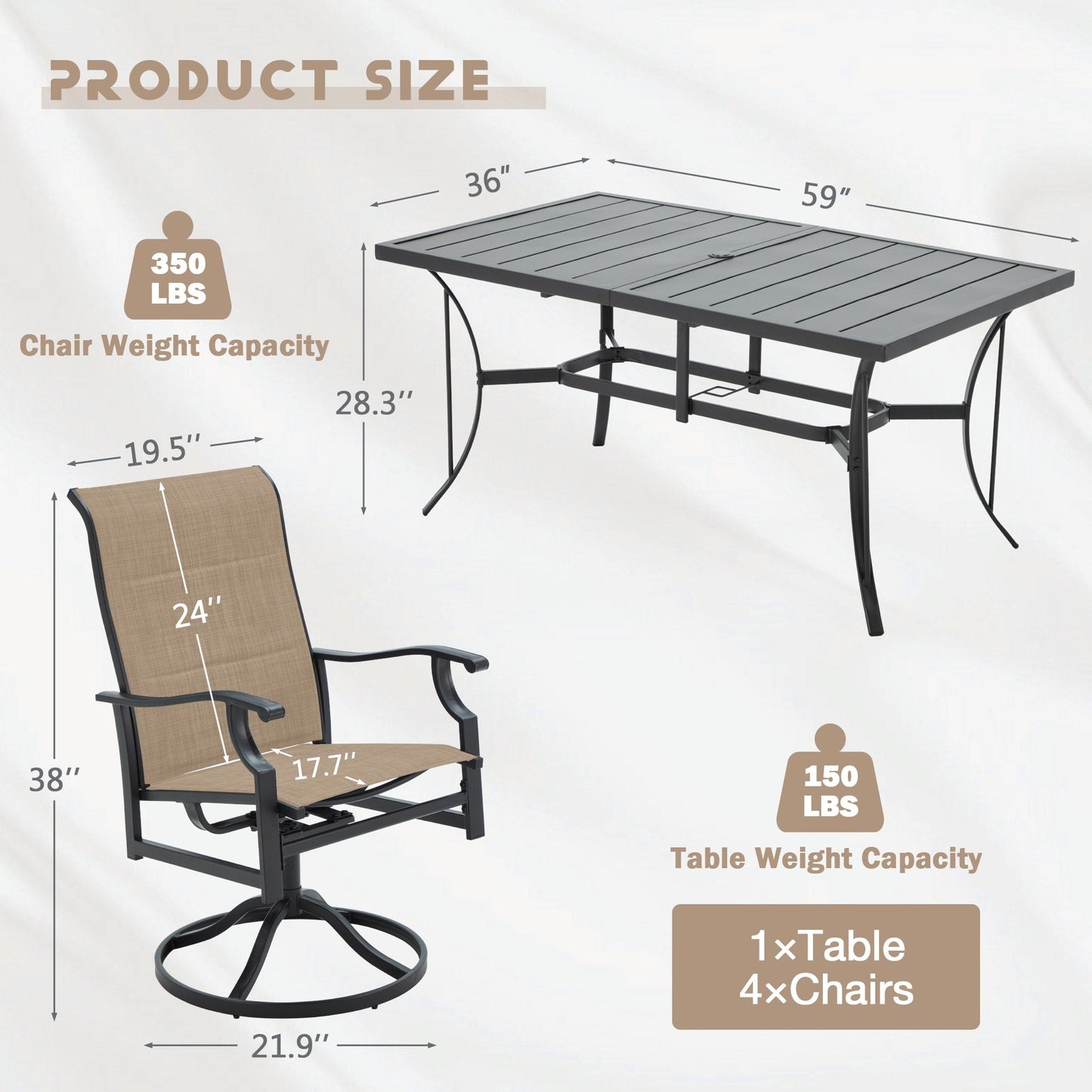 Set da pranzo versatili per esterni con sedie girevoli/pieghevoli e tavolo con doghe in acciaio e set da pranzo in HDPE per giardini e patii