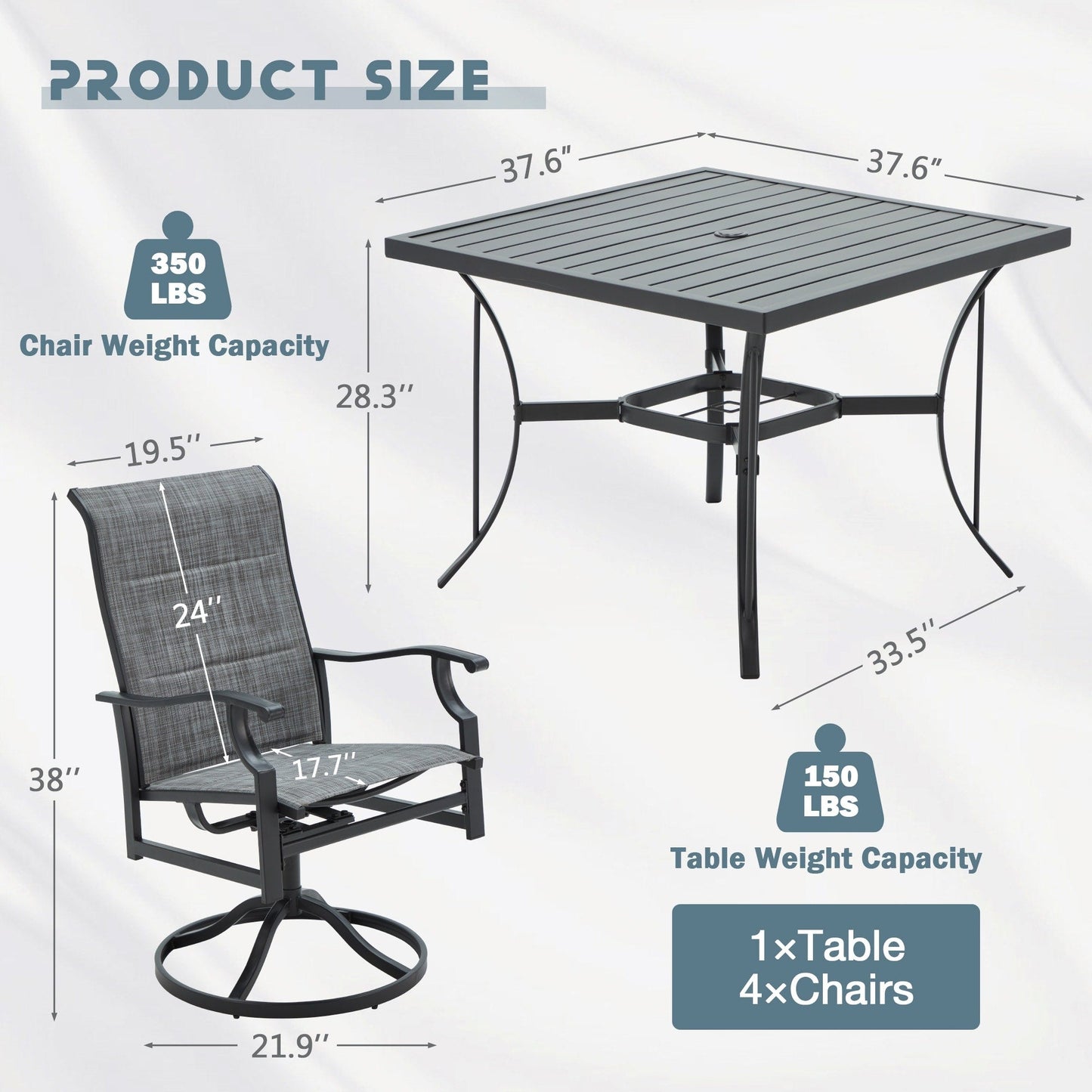 Set da pranzo versatili per esterni con sedie girevoli/pieghevoli e tavolo con doghe in acciaio e set da pranzo in HDPE per giardini e patii