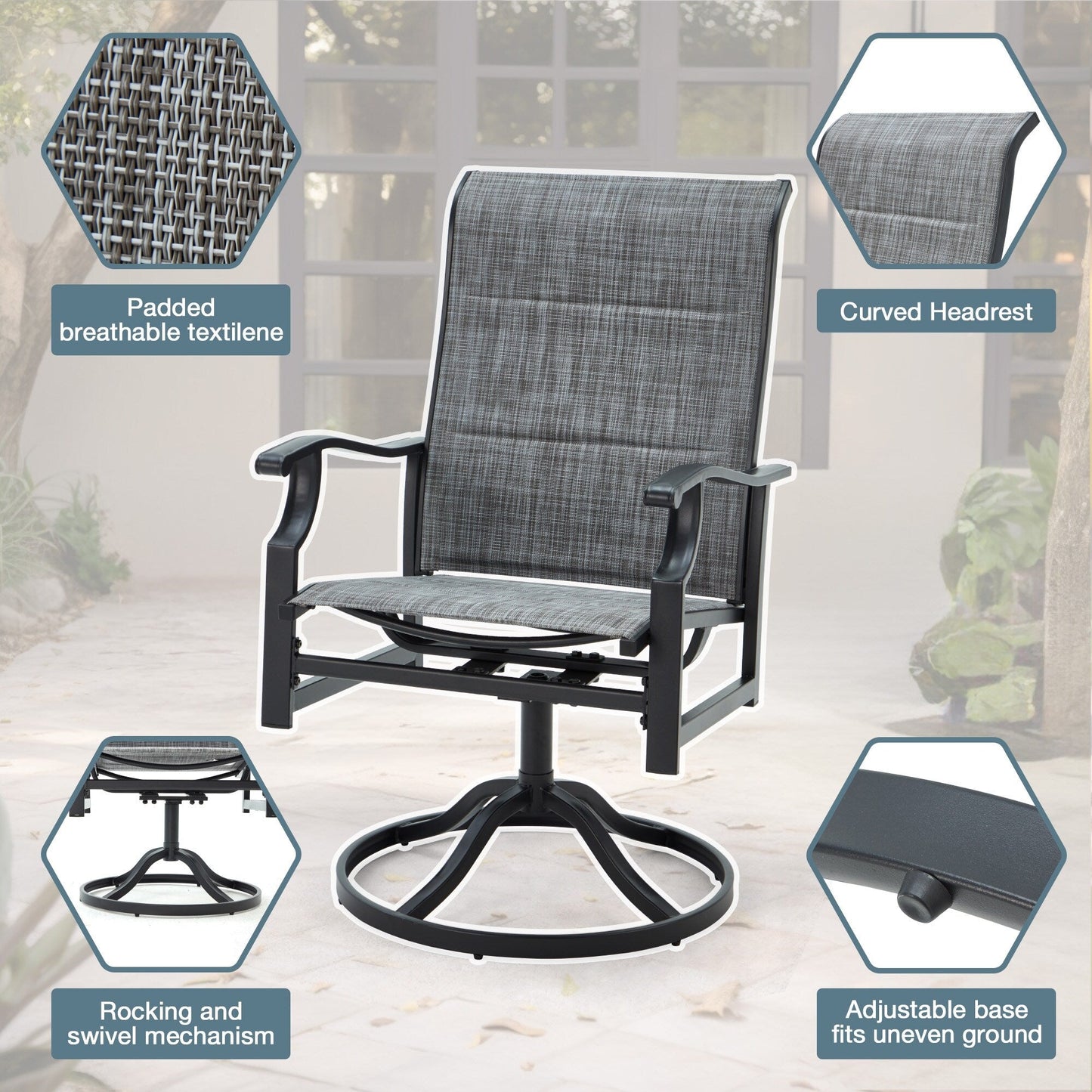 Set da pranzo versatili per esterni con sedie girevoli/pieghevoli e tavolo con doghe in acciaio e set da pranzo in HDPE per giardini e patii