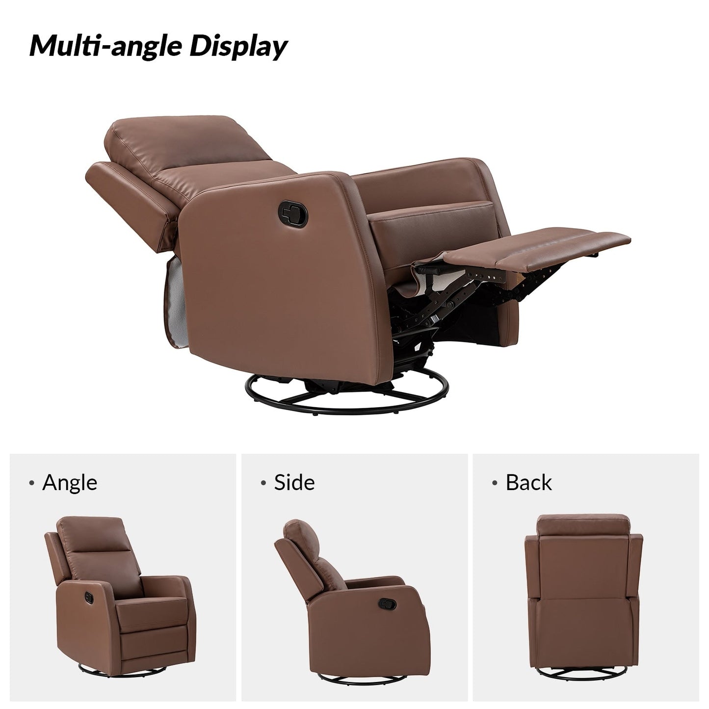 Poltrona reclinabile girevole a dondolo manuale in similpelle moderna Esteban con schienale alto, set da 2