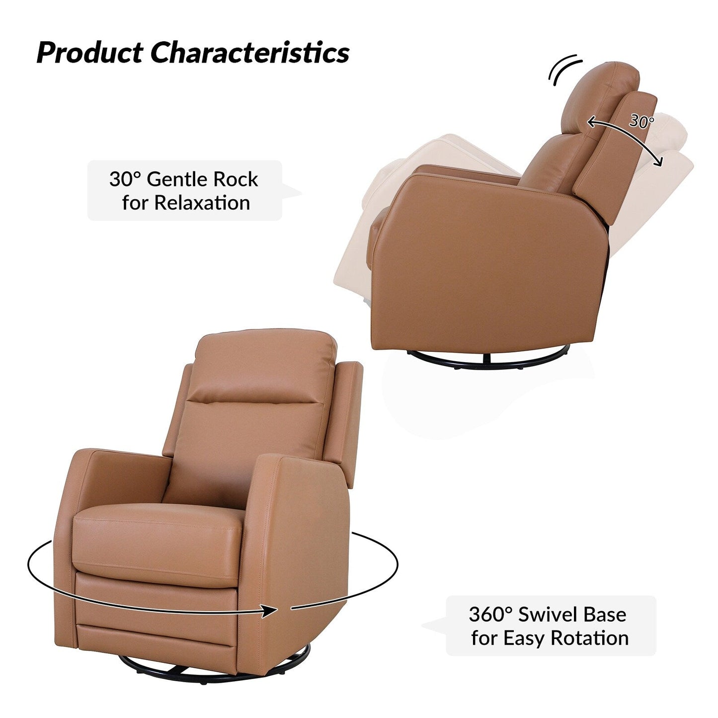 Poltrona reclinabile girevole a dondolo manuale in similpelle moderna Esteban con schienale alto, set da 2