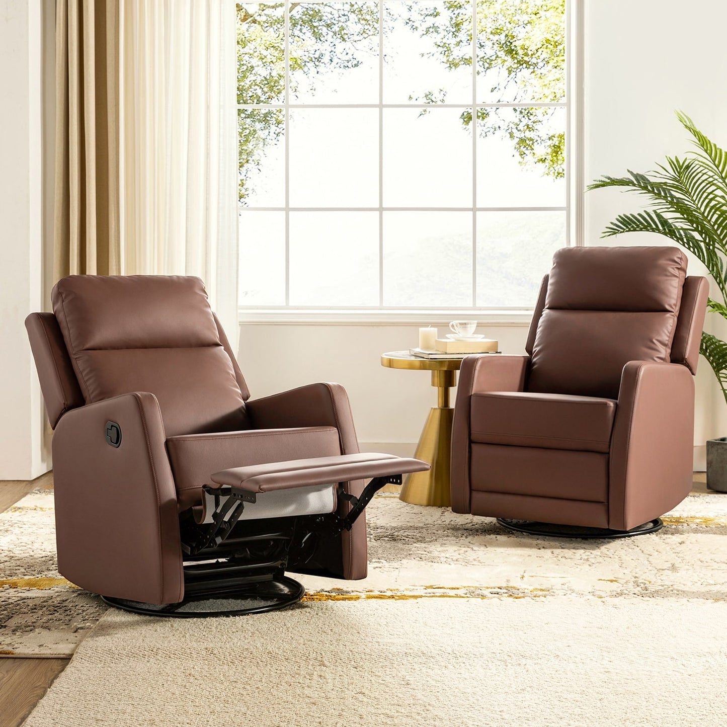 Poltrona reclinabile girevole a dondolo manuale in similpelle moderna Esteban con schienale alto, set da 2