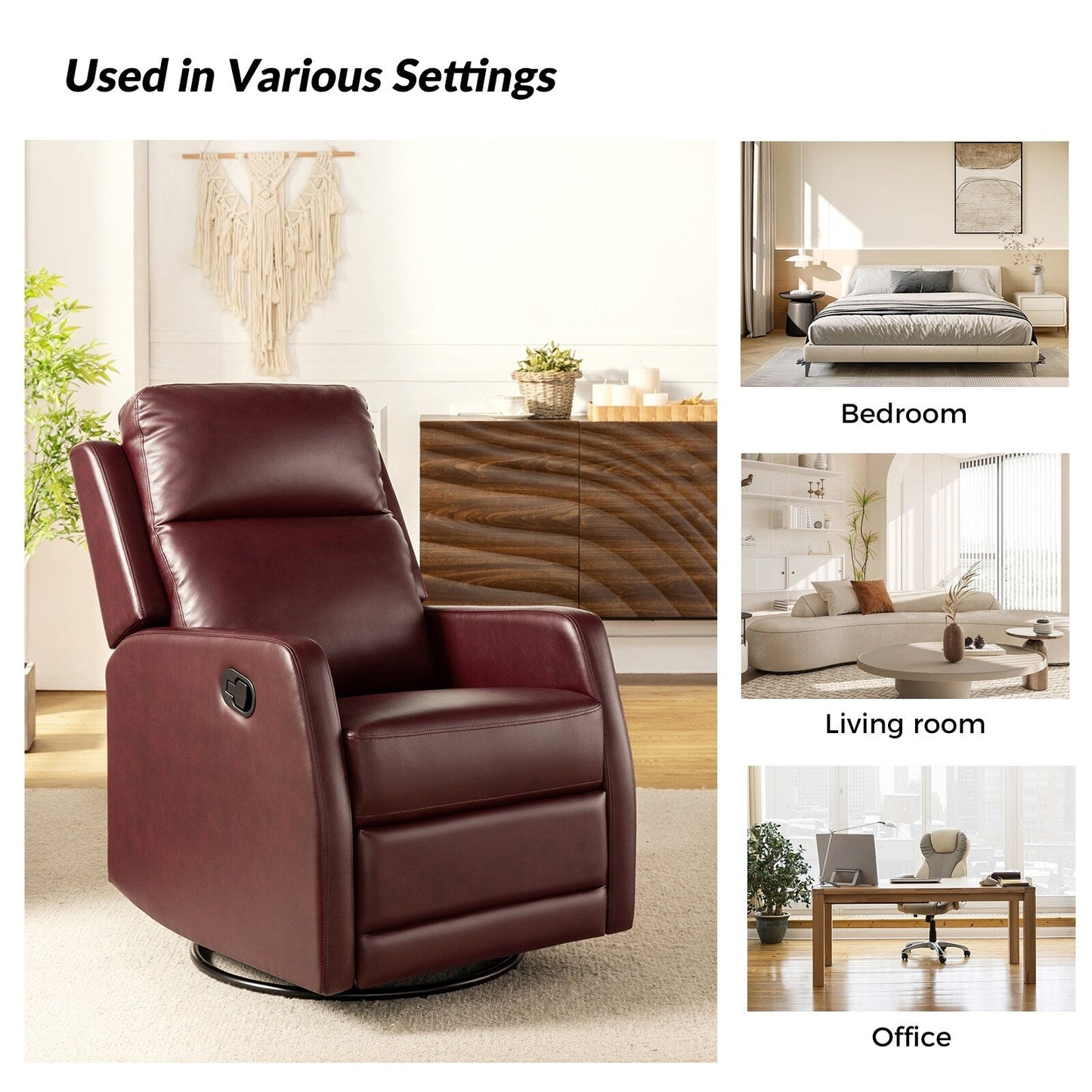 Poltrona reclinabile girevole a dondolo manuale in similpelle moderna Esteban con schienale alto, set da 2