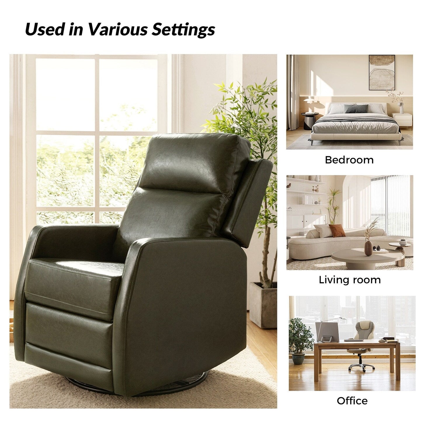 Poltrona reclinabile girevole a dondolo manuale in similpelle moderna Esteban con schienale alto, set da 2