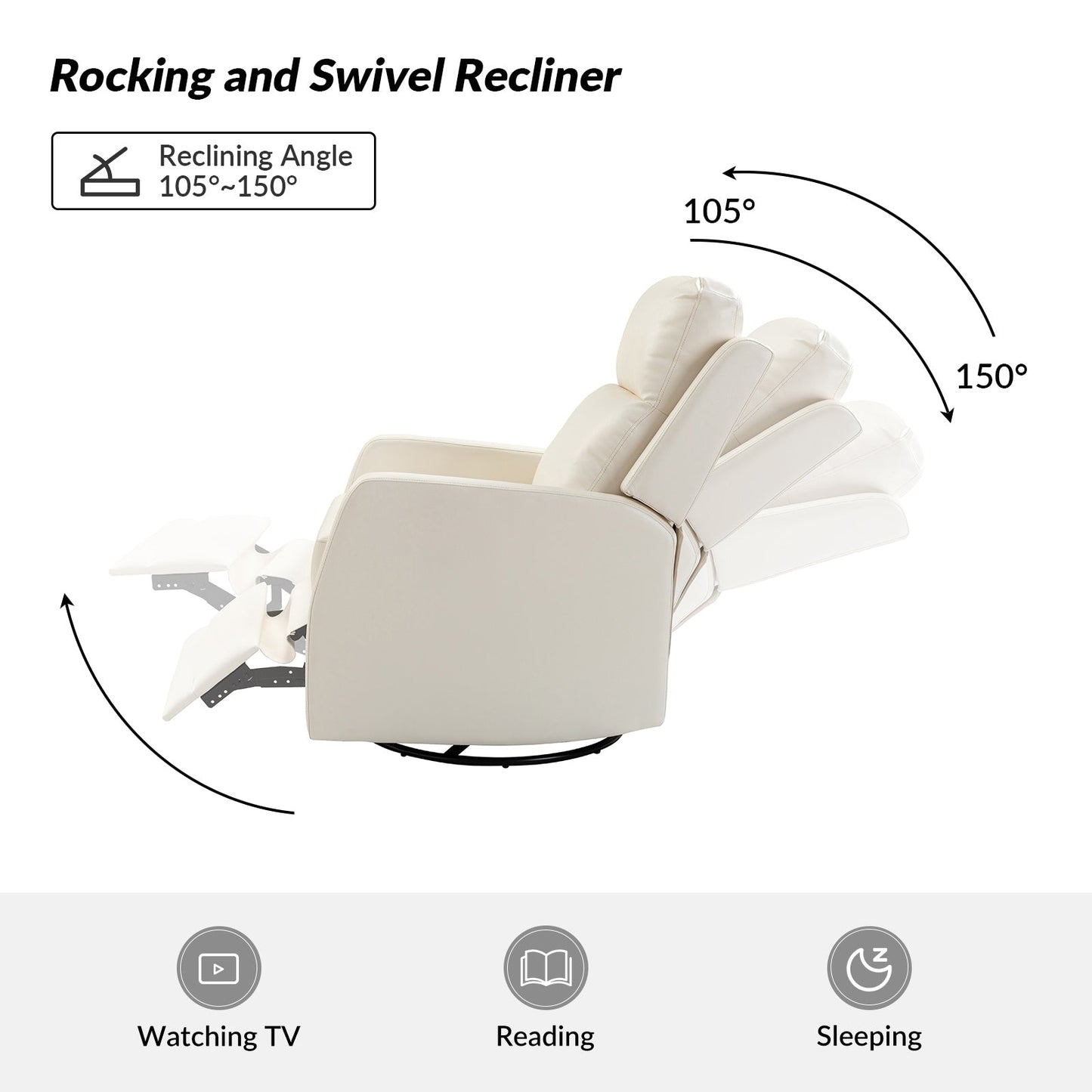 Poltrona reclinabile girevole a dondolo manuale in similpelle moderna Esteban con schienale alto, set da 2