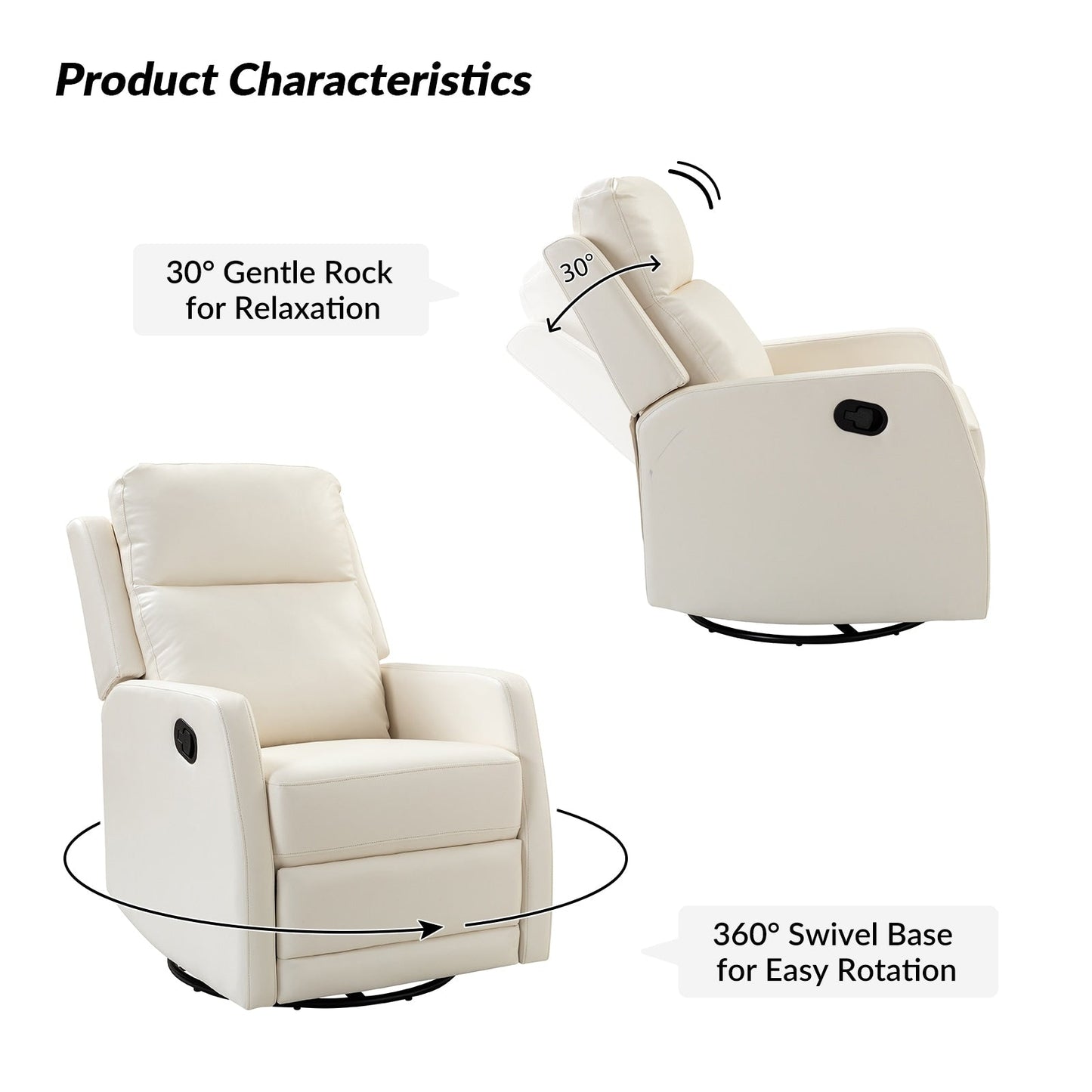 Poltrona reclinabile girevole a dondolo manuale in similpelle moderna Esteban con schienale alto, set da 2