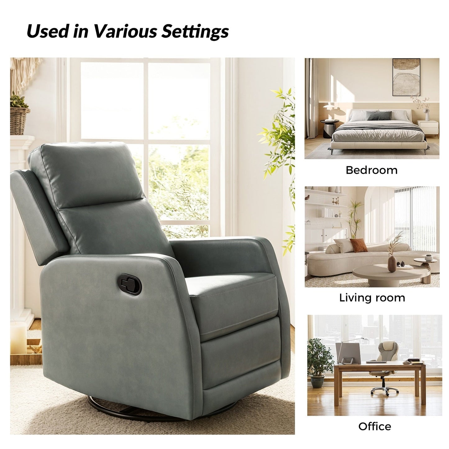 Poltrona reclinabile girevole a dondolo manuale in similpelle moderna Esteban con schienale alto, set da 2