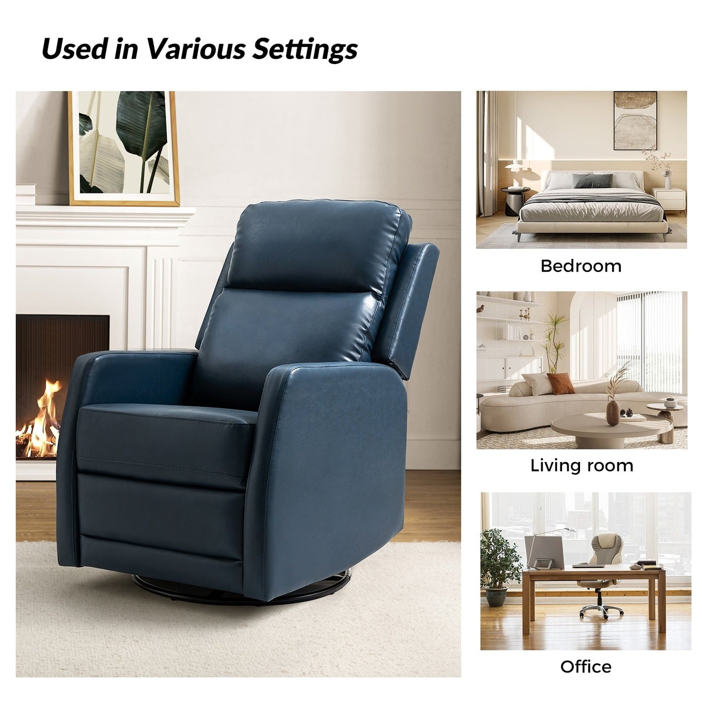 Poltrona reclinabile girevole a dondolo manuale in similpelle moderna Esteban con schienale alto, set da 2