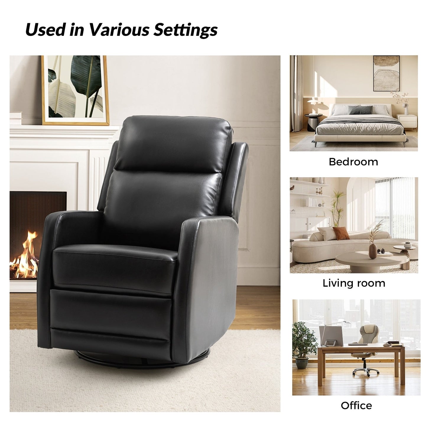 Poltrona reclinabile girevole a dondolo manuale in similpelle moderna Esteban con schienale alto, set da 2