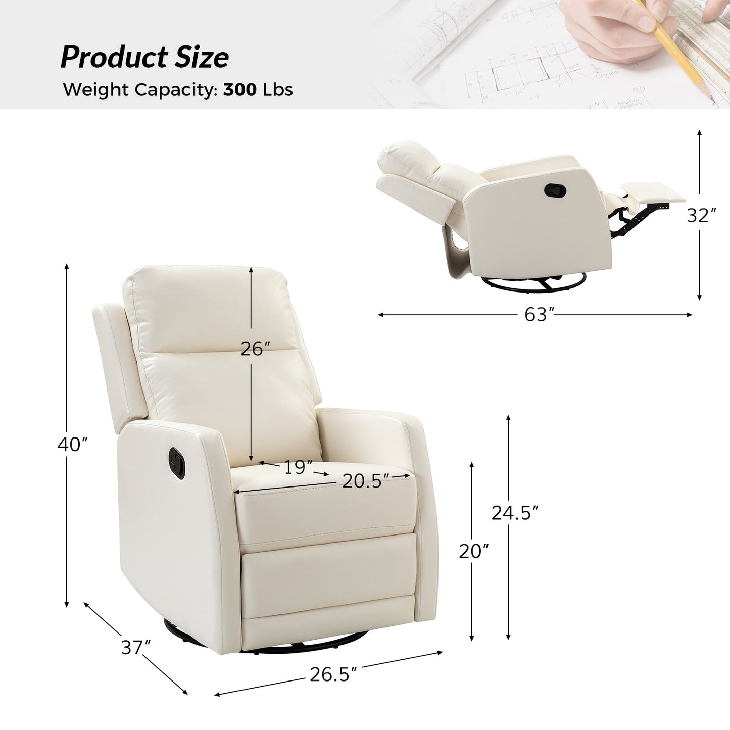 Poltrona reclinabile girevole a dondolo manuale in similpelle moderna Esteban con schienale ad alette