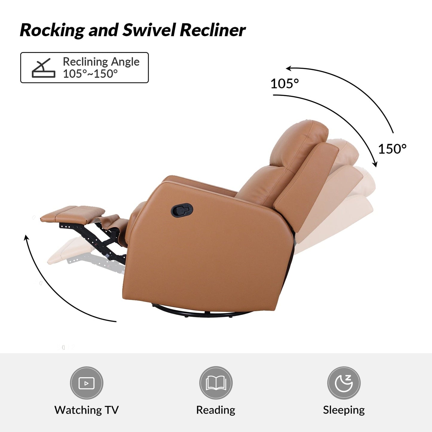 Poltrona reclinabile girevole a dondolo manuale in similpelle moderna Esteban con schienale ad alette