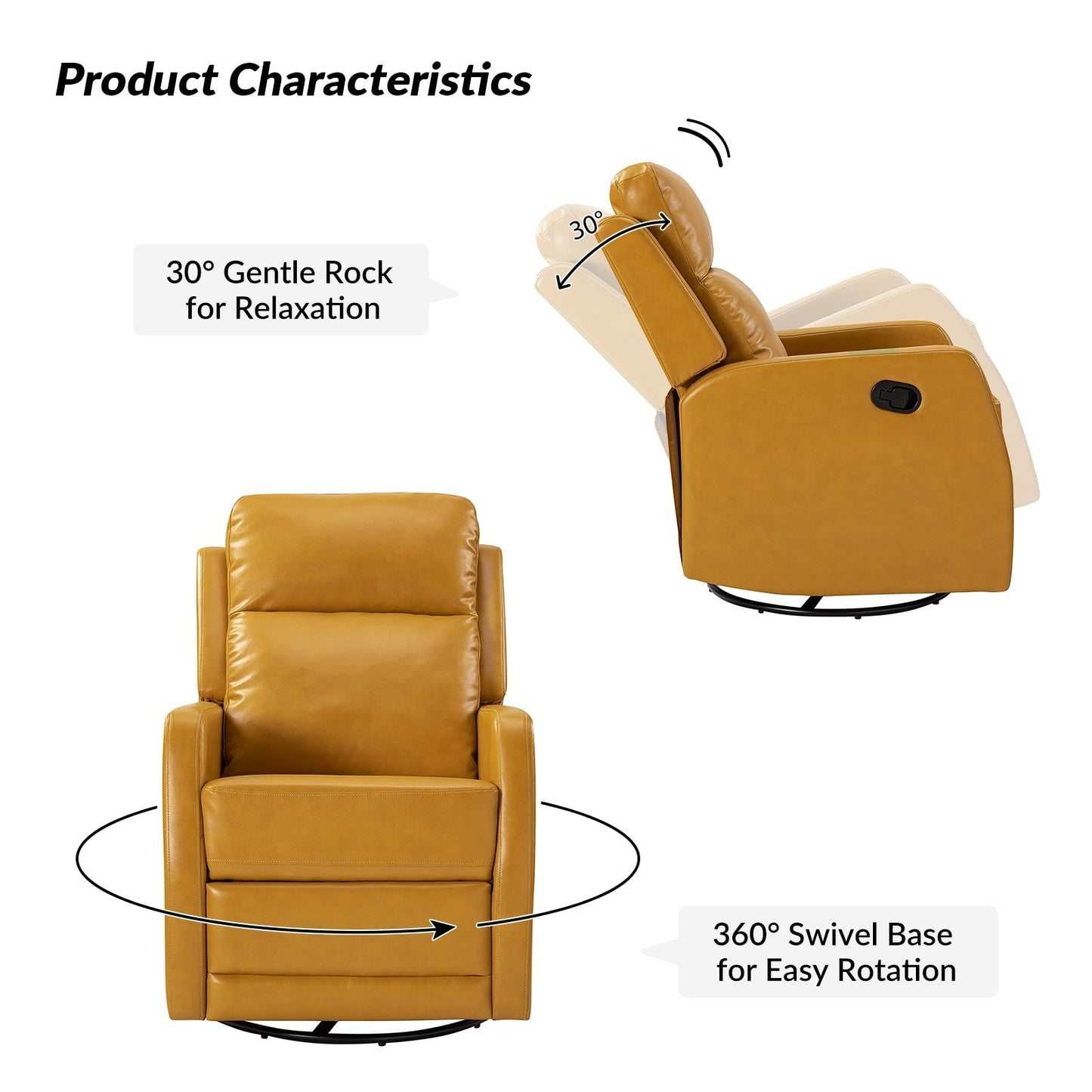 Poltrona reclinabile girevole a dondolo manuale in similpelle moderna Esteban con schienale ad alette