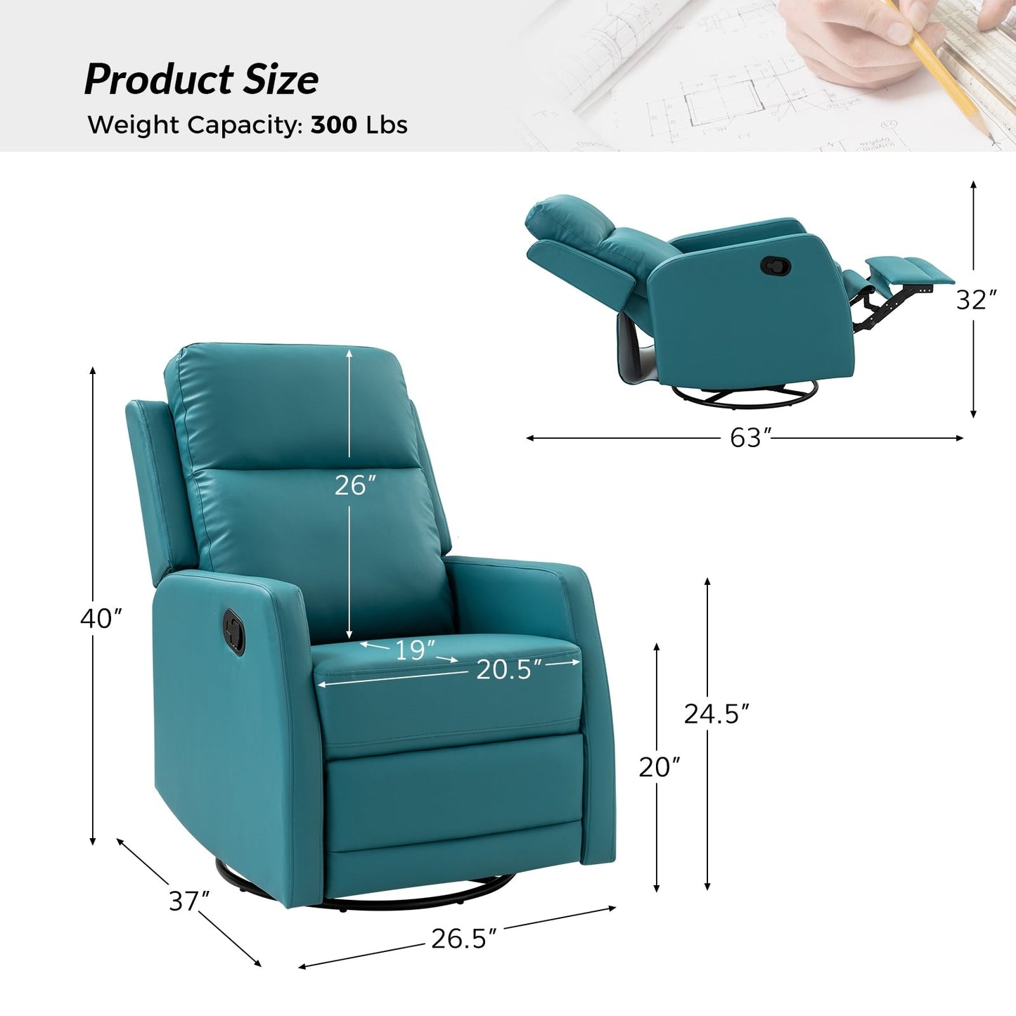 Poltrona reclinabile girevole a dondolo manuale in similpelle moderna Esteban con schienale ad alette