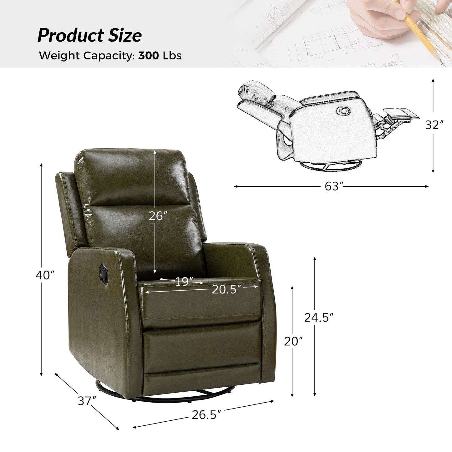 Poltrona reclinabile girevole a dondolo manuale in similpelle moderna Esteban con schienale ad alette