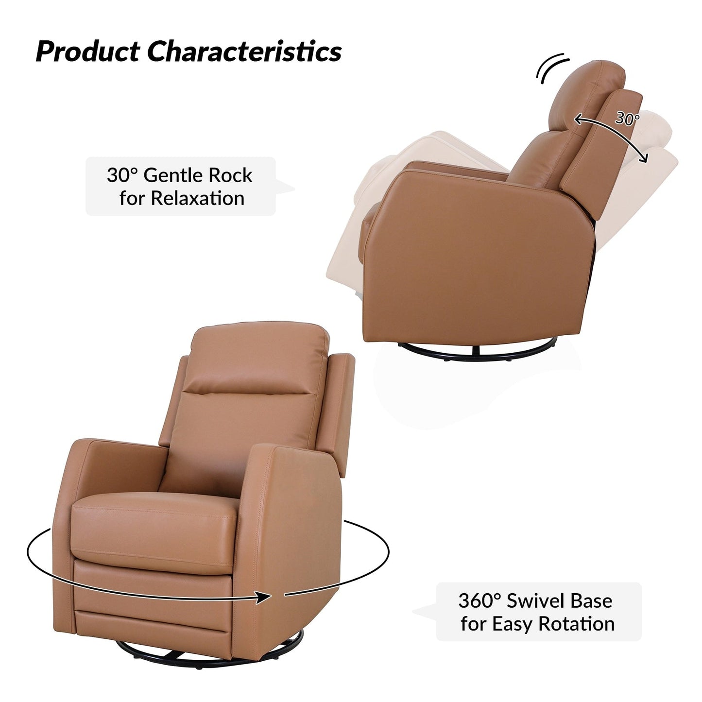 Poltrona reclinabile girevole a dondolo manuale in similpelle moderna Esteban con schienale ad alette