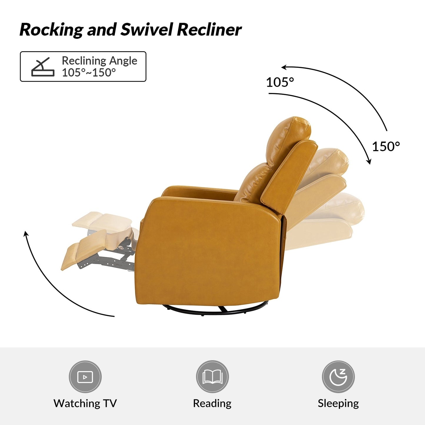 Poltrona reclinabile girevole a dondolo manuale in similpelle moderna Esteban con schienale ad alette