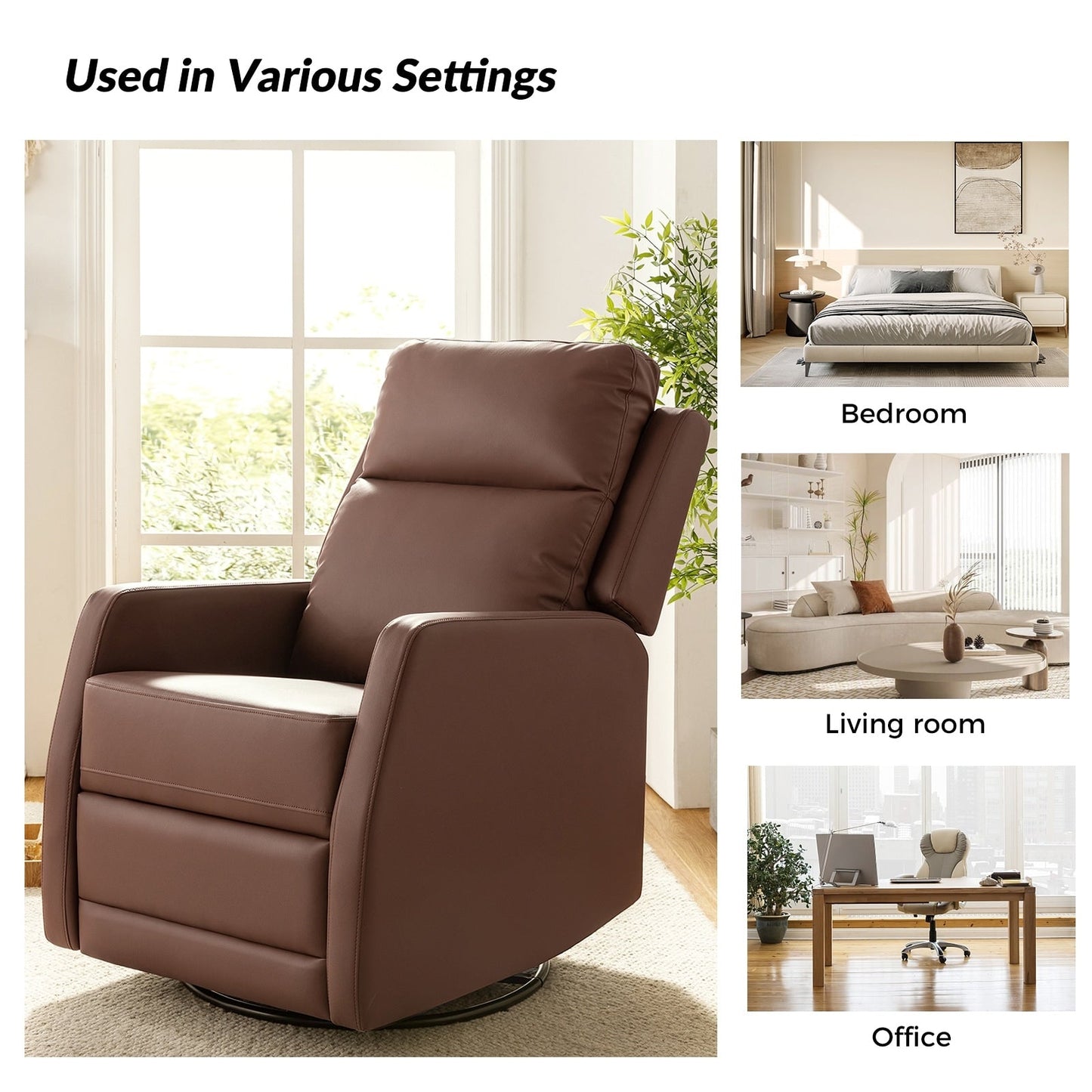 Poltrona reclinabile girevole a dondolo manuale in similpelle moderna Esteban con schienale ad alette