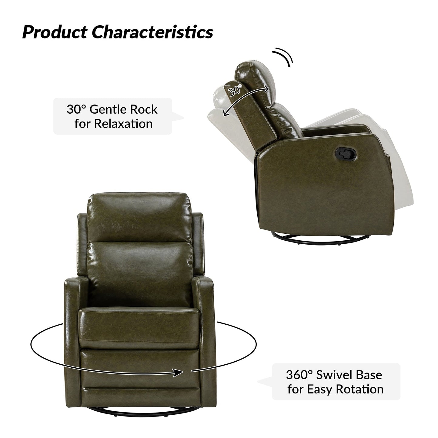 Poltrona reclinabile girevole a dondolo manuale in similpelle moderna Esteban con schienale ad alette