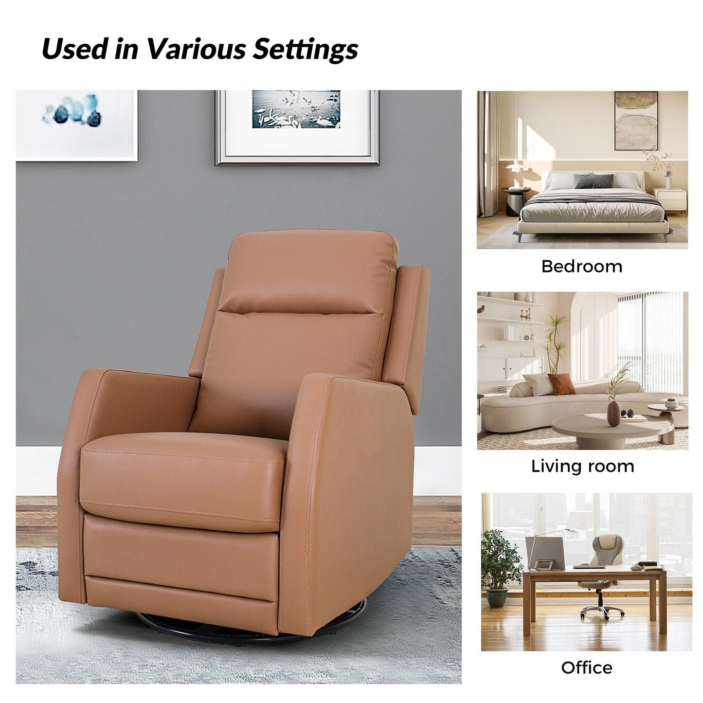 Poltrona reclinabile girevole a dondolo manuale in similpelle moderna Esteban con schienale ad alette