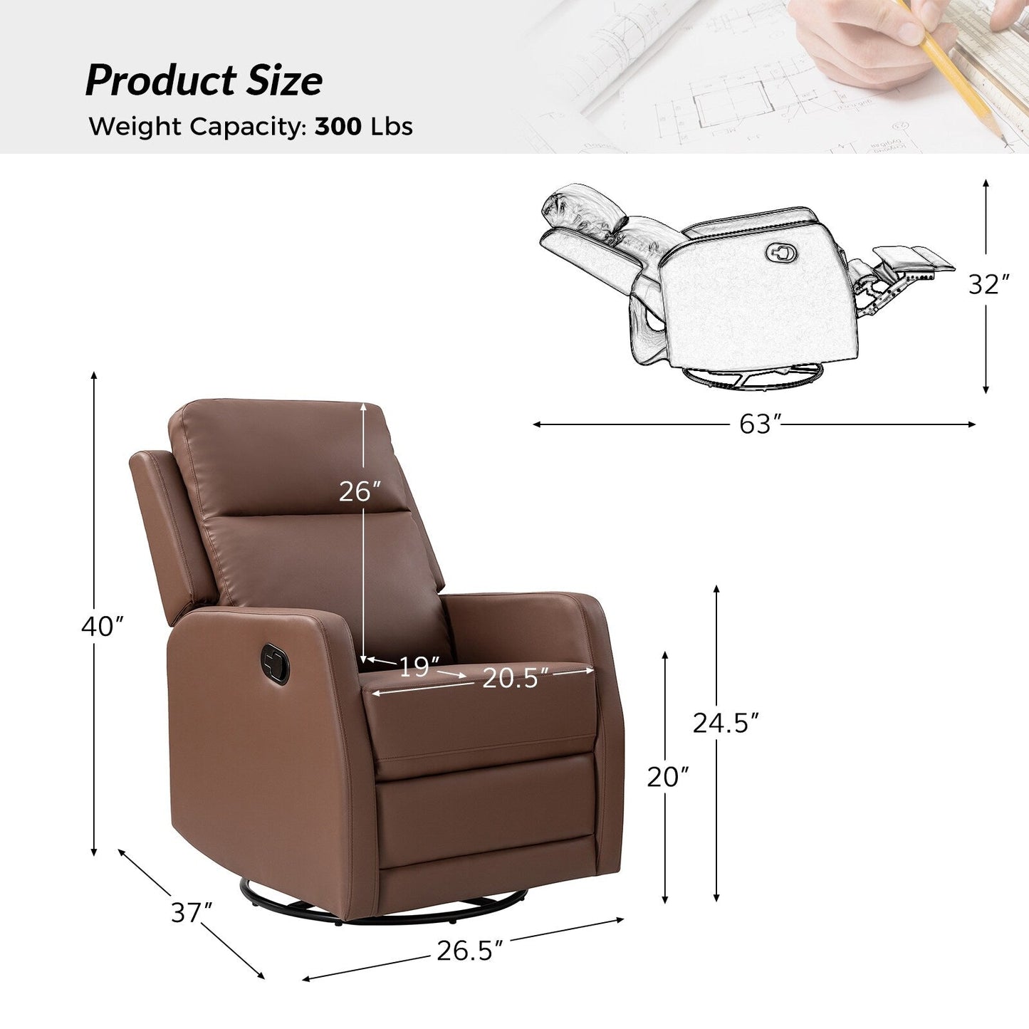 Poltrona reclinabile girevole a dondolo manuale in similpelle moderna Esteban con schienale ad alette