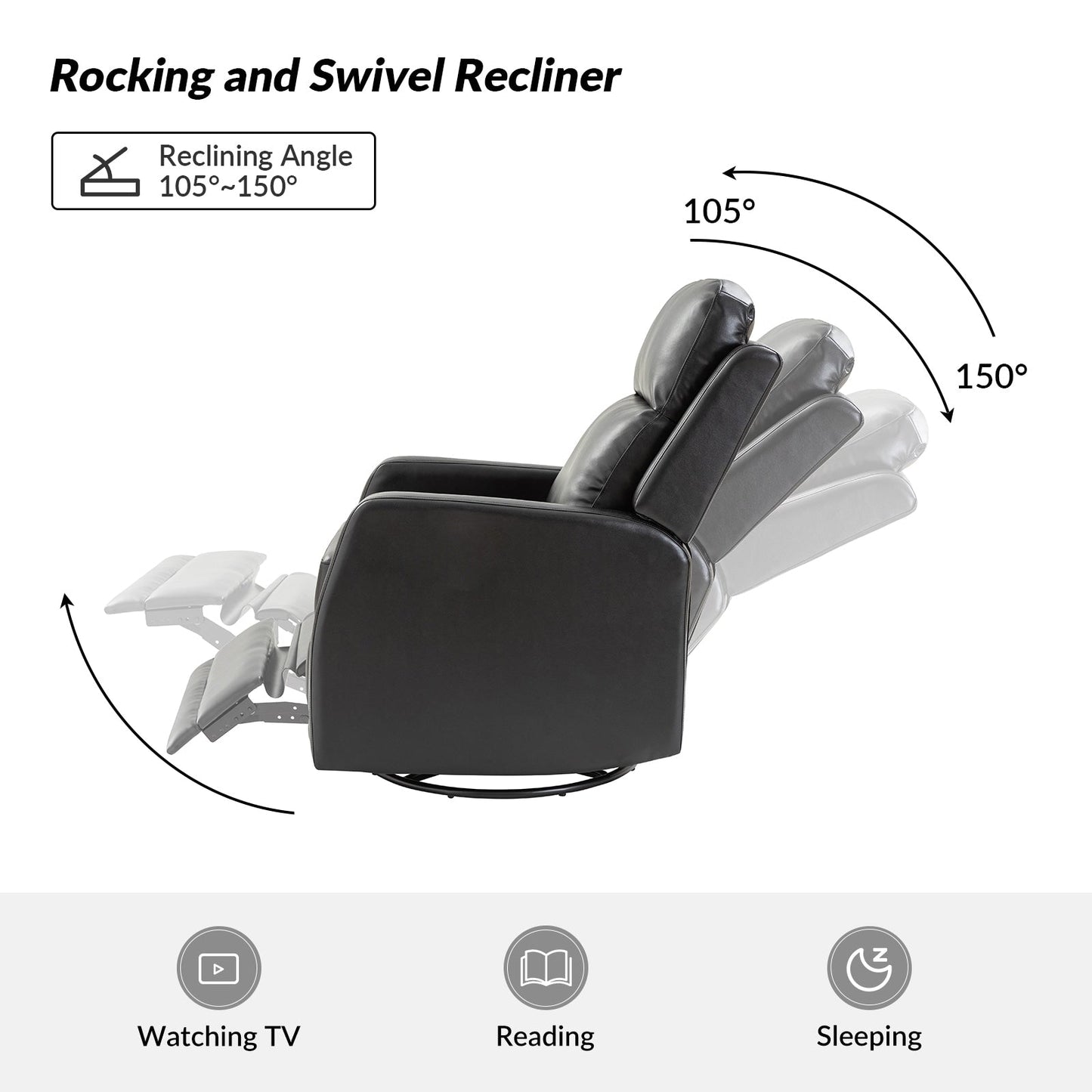 Poltrona reclinabile girevole a dondolo manuale in similpelle moderna Esteban con schienale ad alette