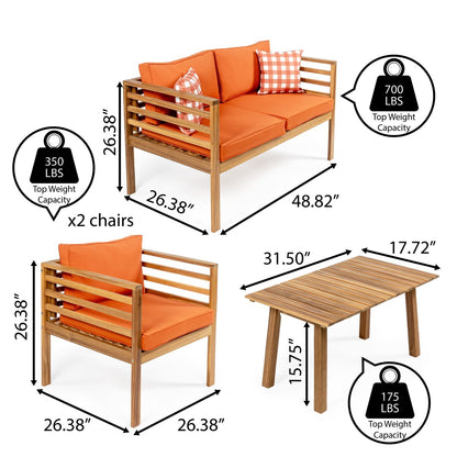 Set da esterno Everly da 4 pezzi in legno di acacia, in stile Mid-Century Modern, con cuscini e cuscini decorativi a quadri, di JONATHAN Y