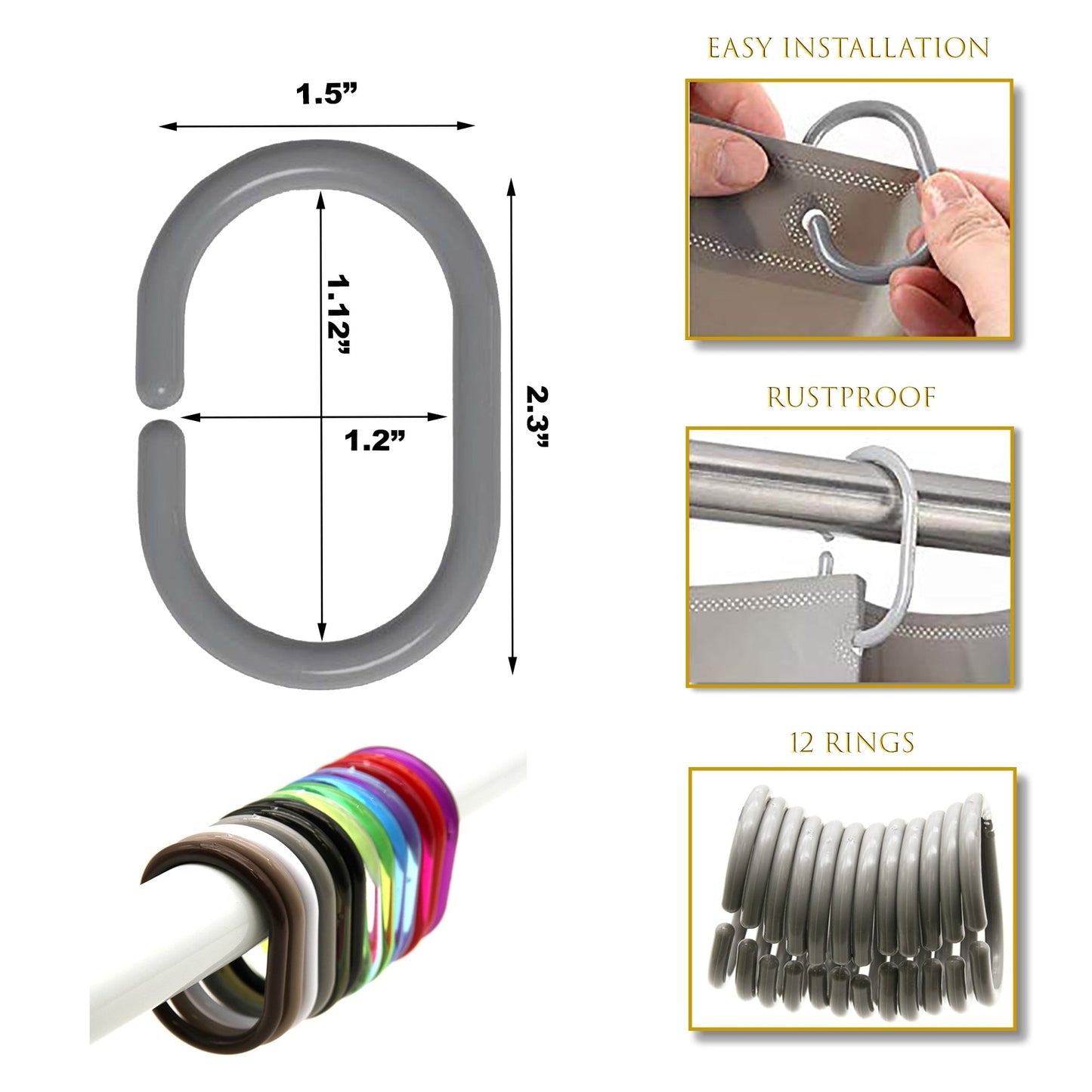 Anelli per tenda da doccia Evideco, ganci in plastica (set da 12)