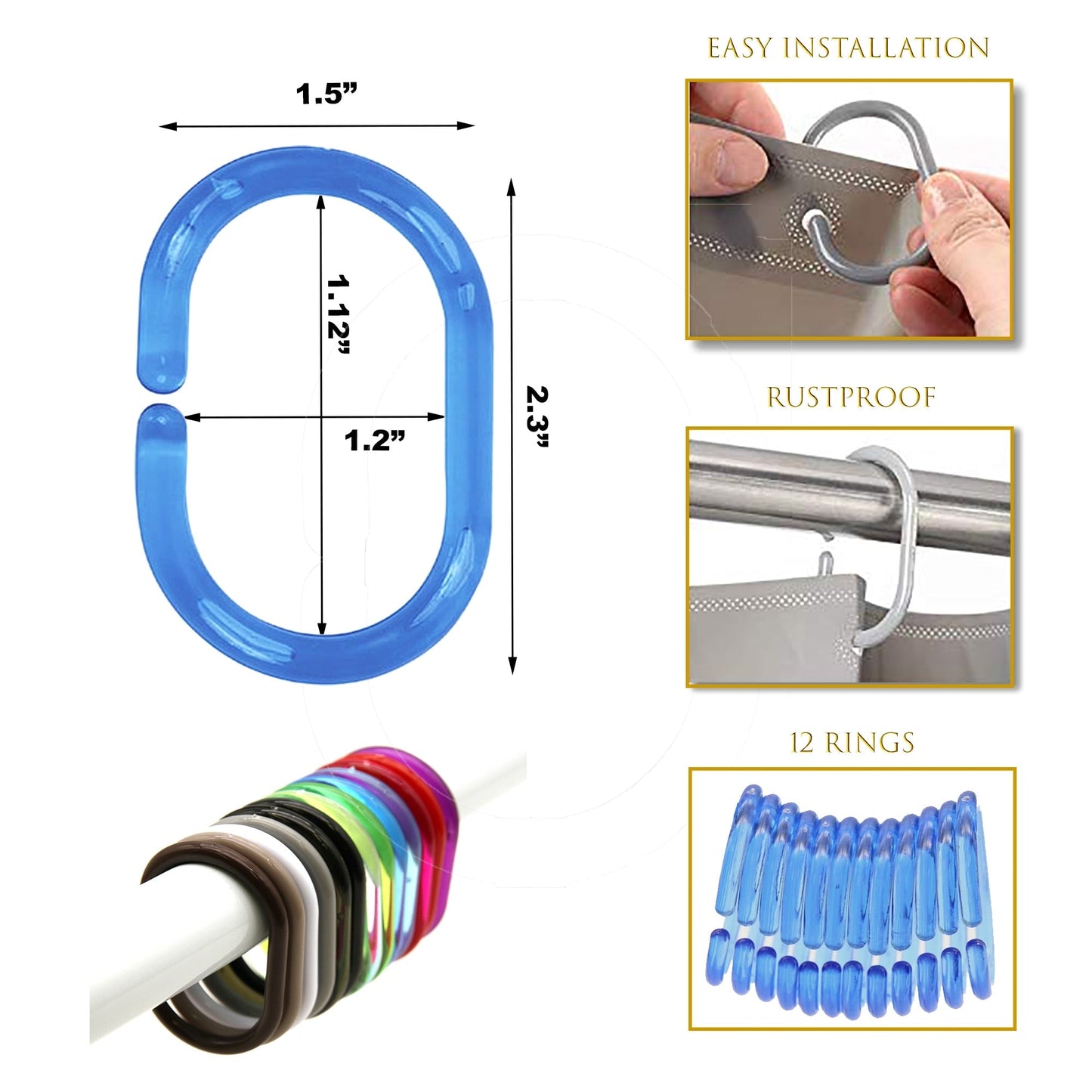 Anelli per tenda da doccia Evideco, ganci in plastica (set da 12)