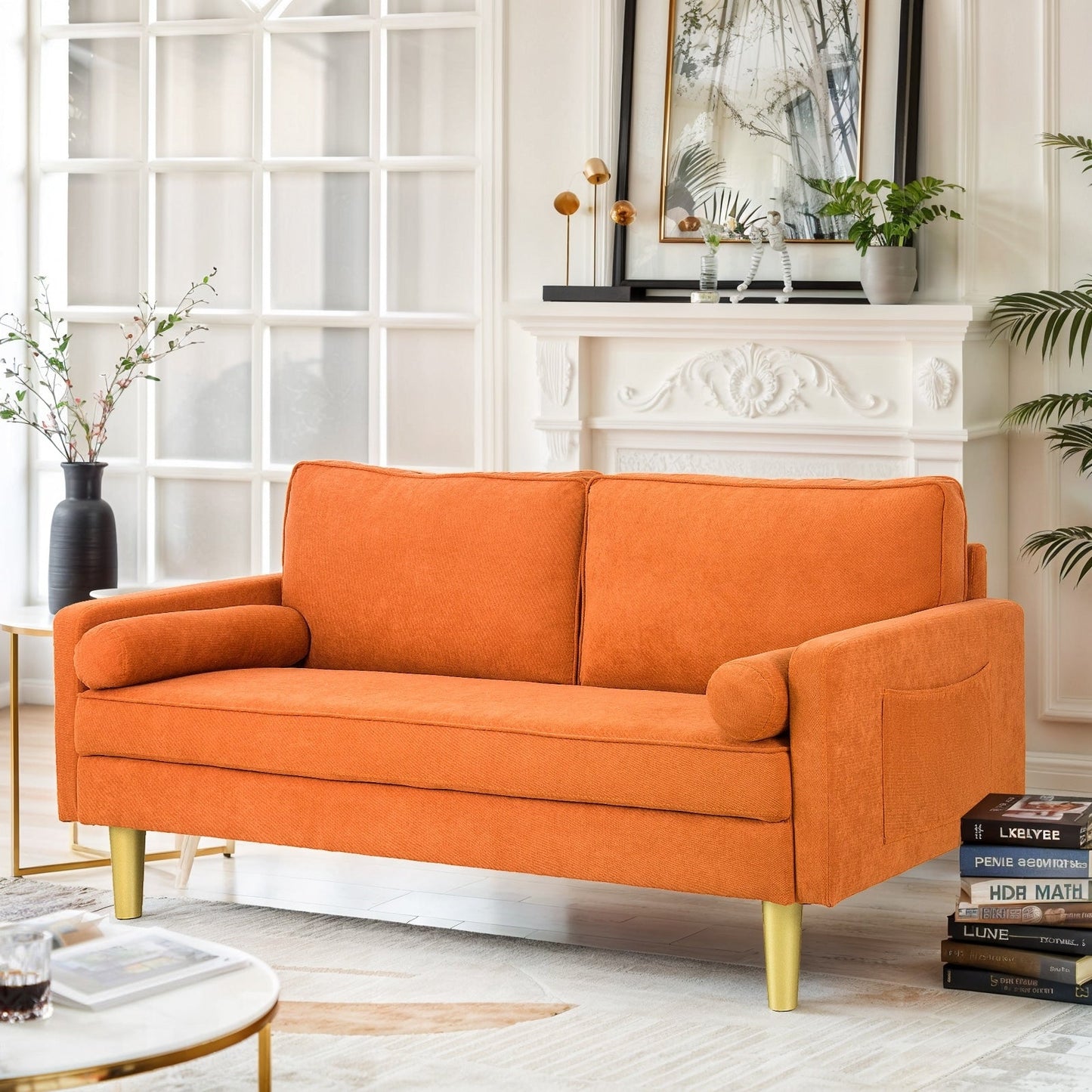 Divano a due posti in poliestere arancione da 65 pollici con tasche laterali e cuscini rotondi - 65 pollici