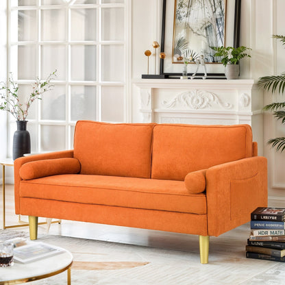 Divano a due posti in poliestere arancione da 65 pollici con tasche laterali e cuscini rotondi - 65 pollici