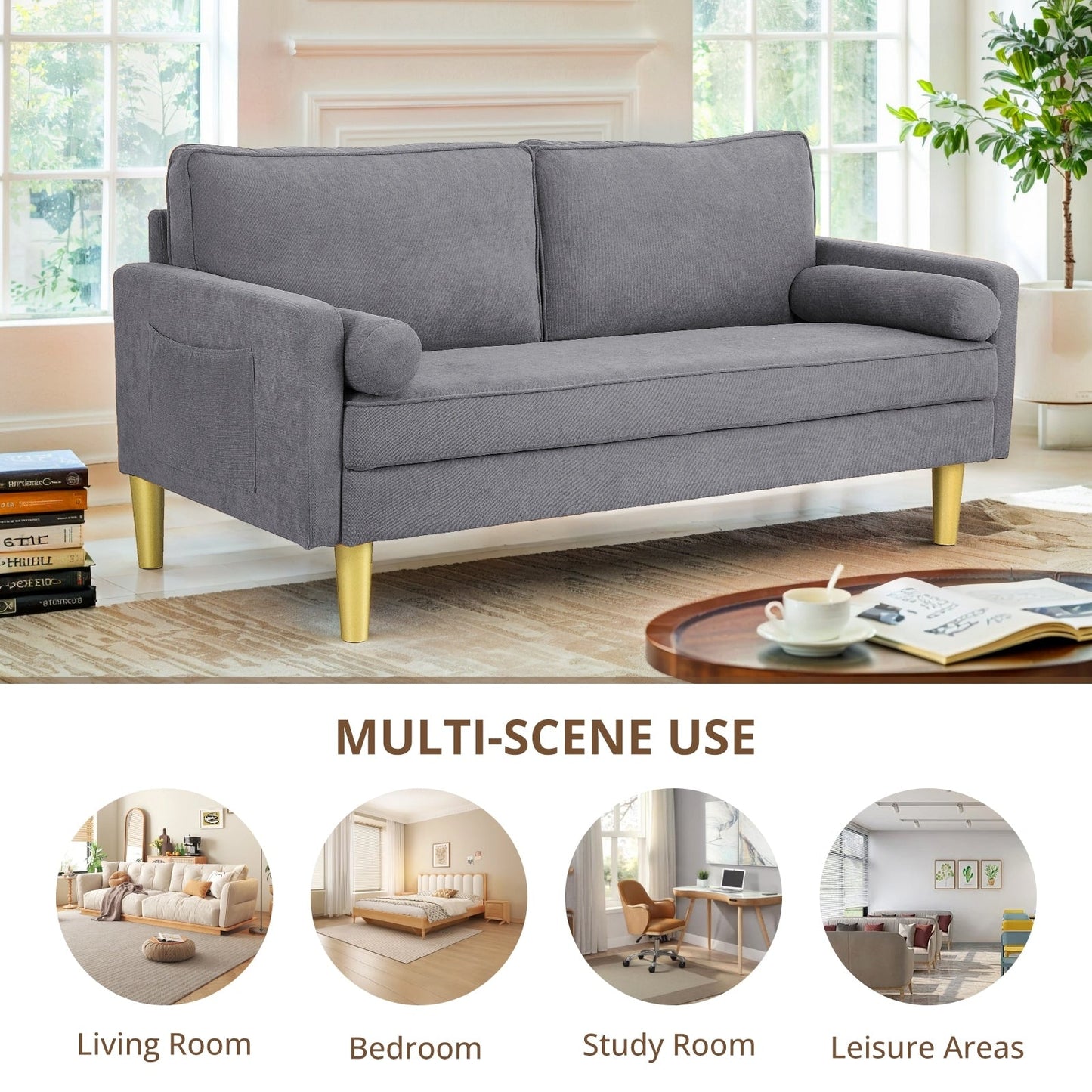 Divano a due posti in poliestere arancione da 65 pollici con tasche laterali e cuscini rotondi - 65 pollici