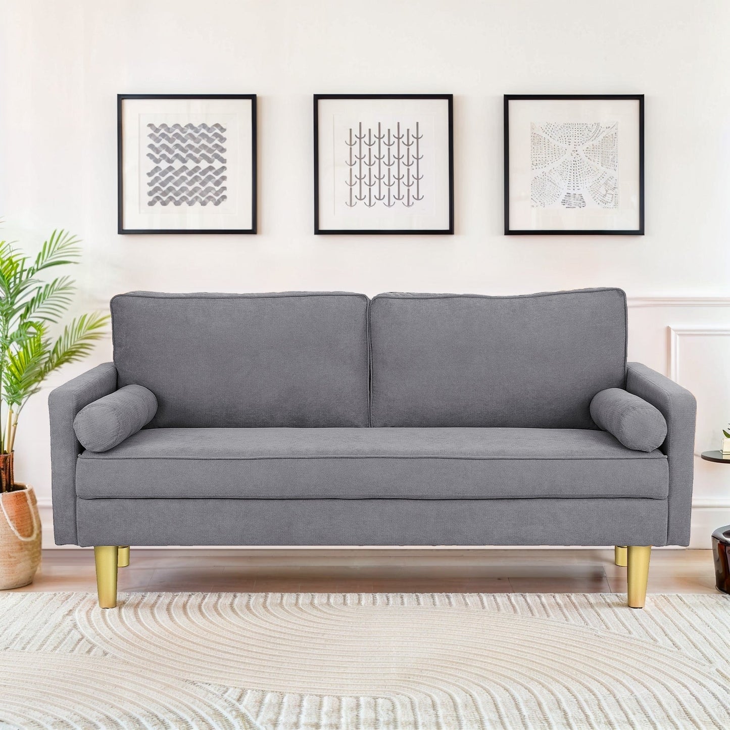 Divano a due posti in poliestere arancione da 65 pollici con tasche laterali e cuscini rotondi - 65 pollici