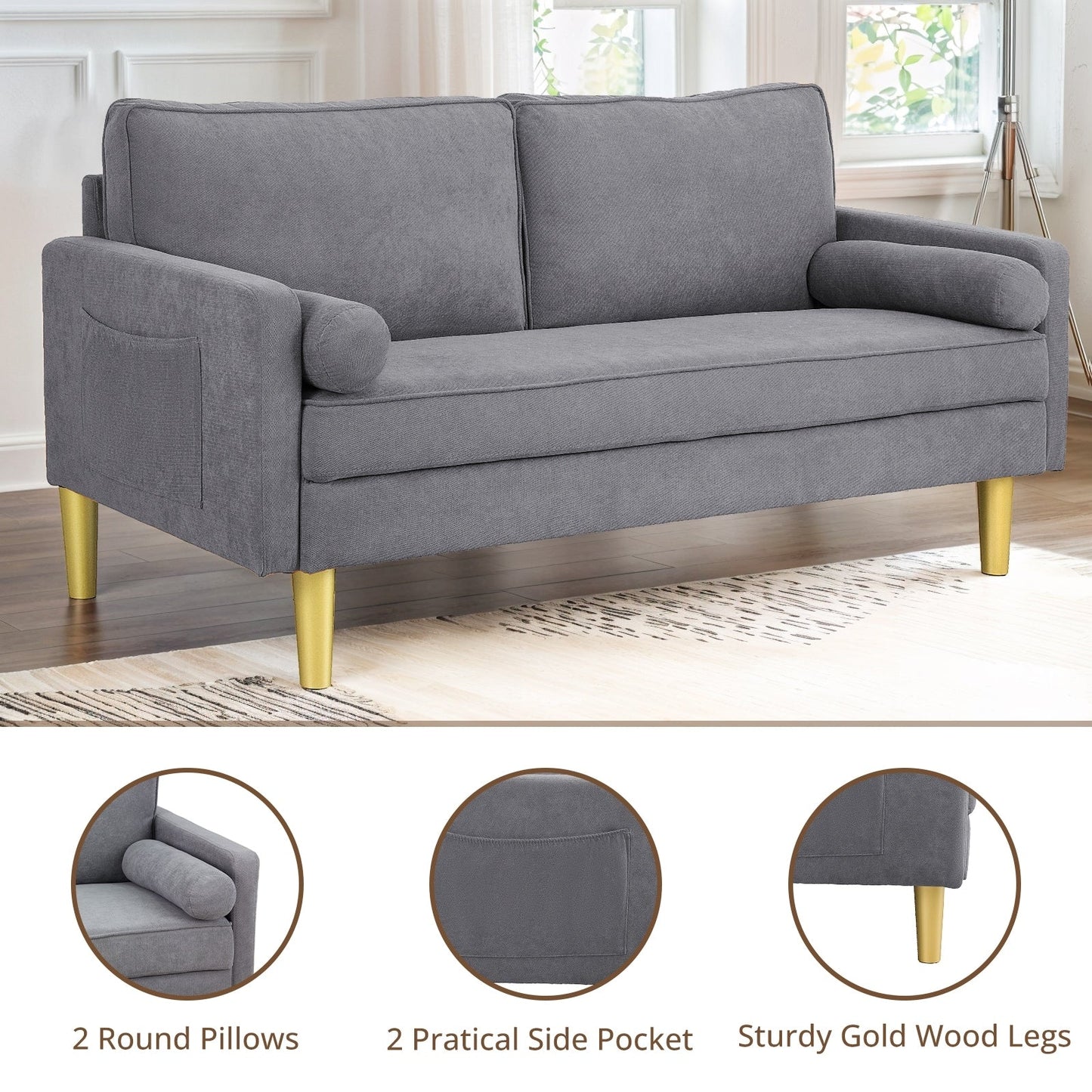 Divano a due posti in poliestere arancione da 65 pollici con tasche laterali e cuscini rotondi - 65 pollici