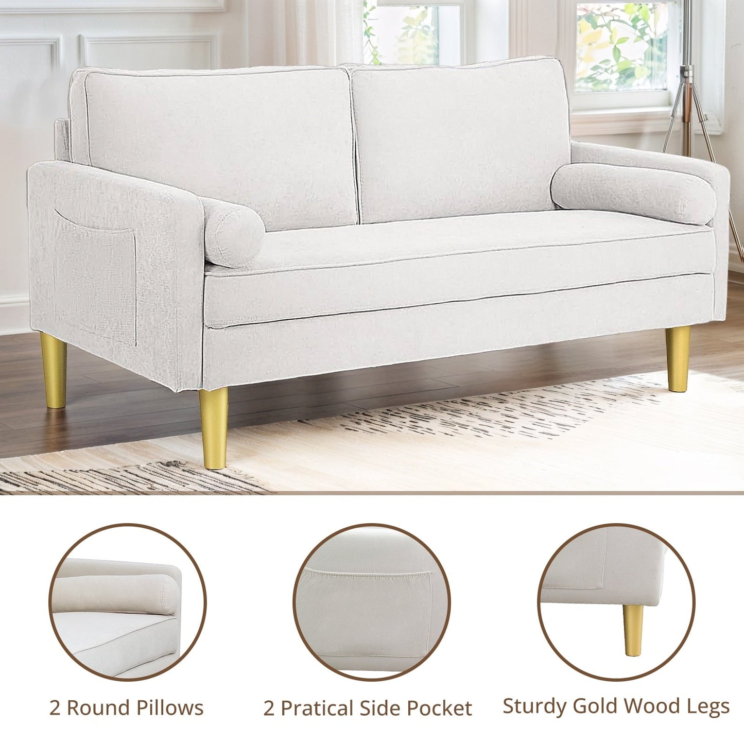 Divano a due posti in poliestere arancione da 65 pollici con tasche laterali e cuscini rotondi - 65 pollici