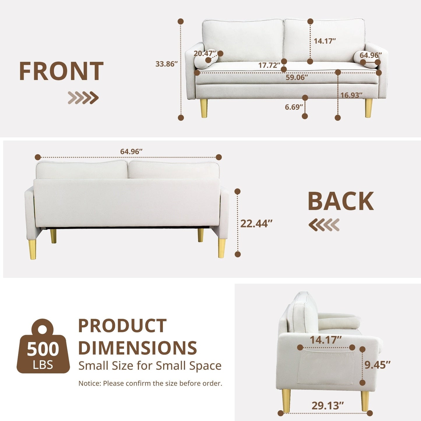 Divano a due posti in poliestere arancione da 65 pollici con tasche laterali e cuscini rotondi - 65 pollici